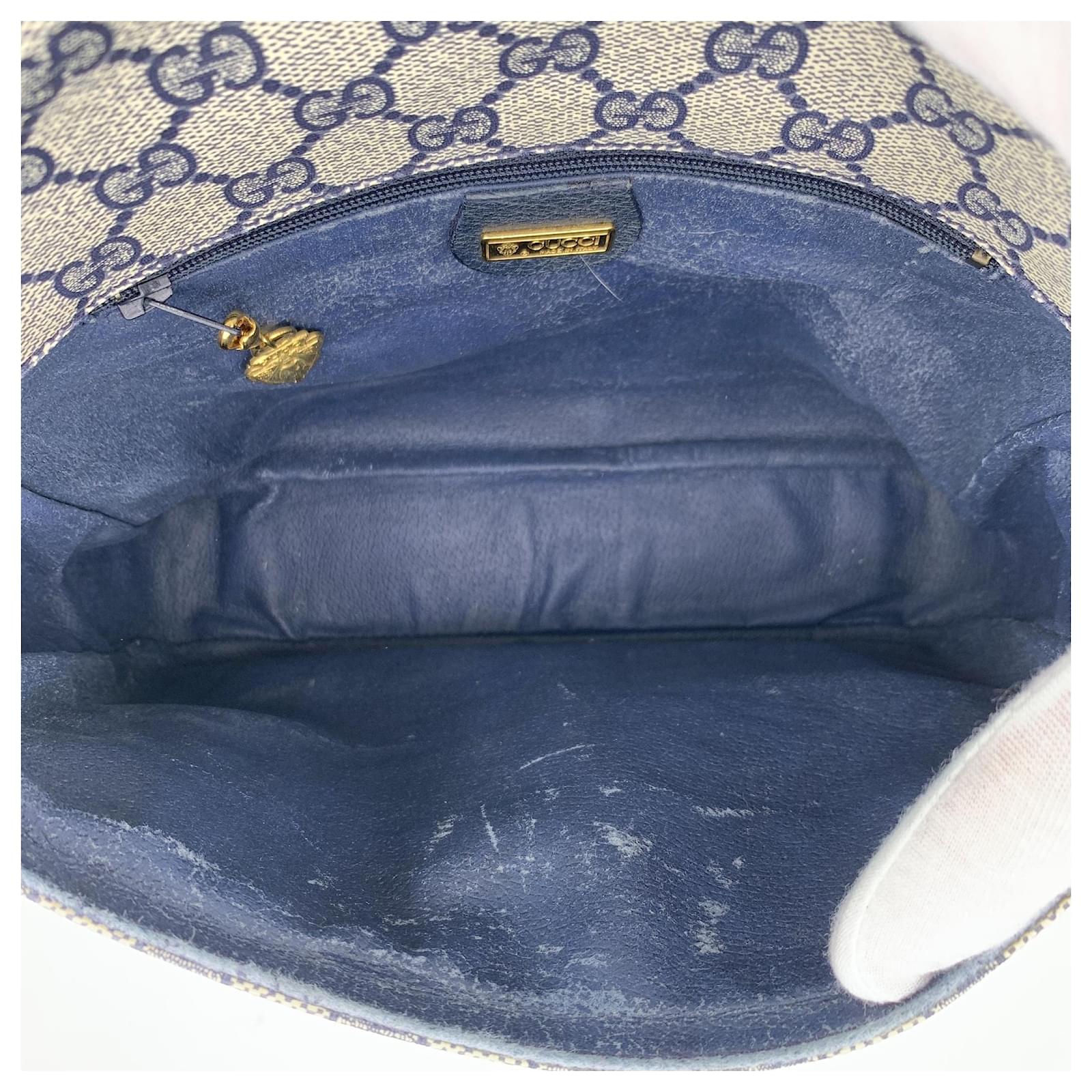 Gucci Vintage Navy Blue Monogram Canvas Flap Shoulder Bag Cloth