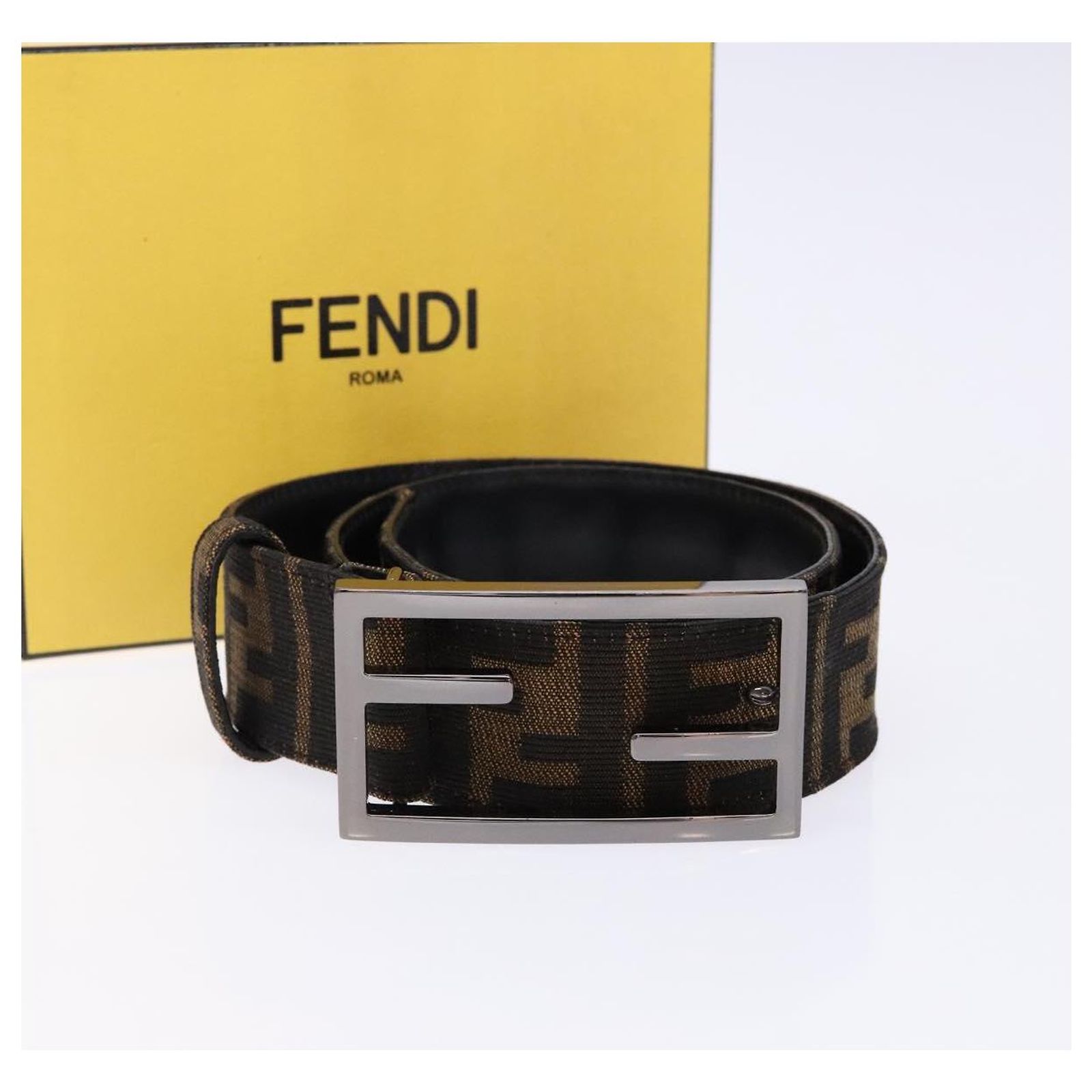 FENDI Zucca Canvas Belt Black Brown Auth 133498 Leather ref  display picture 1