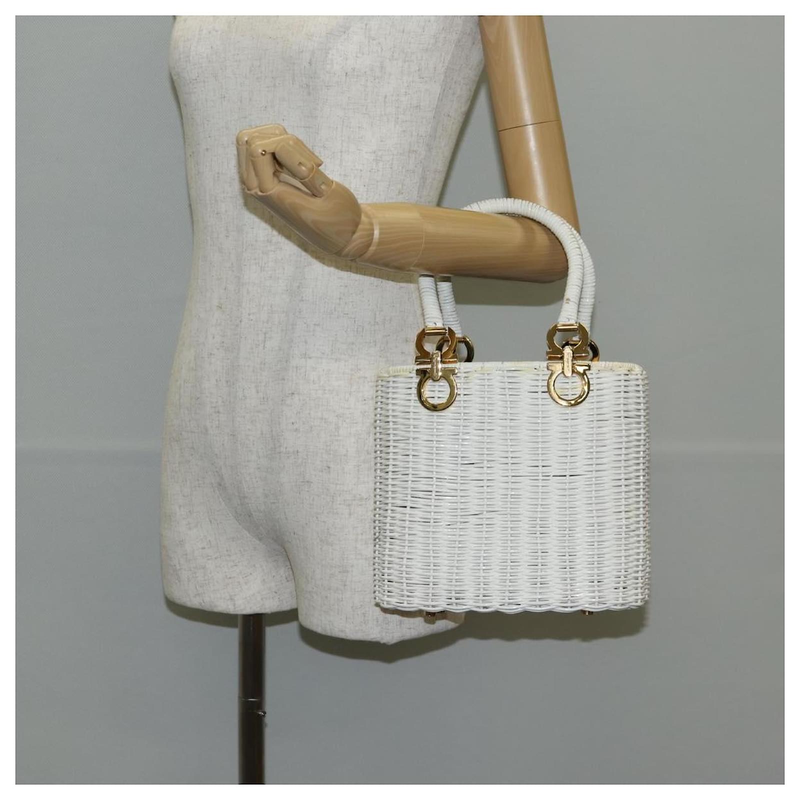 Salvatore Ferragamo Gancini Hand Bag Raffia White Gold Auth