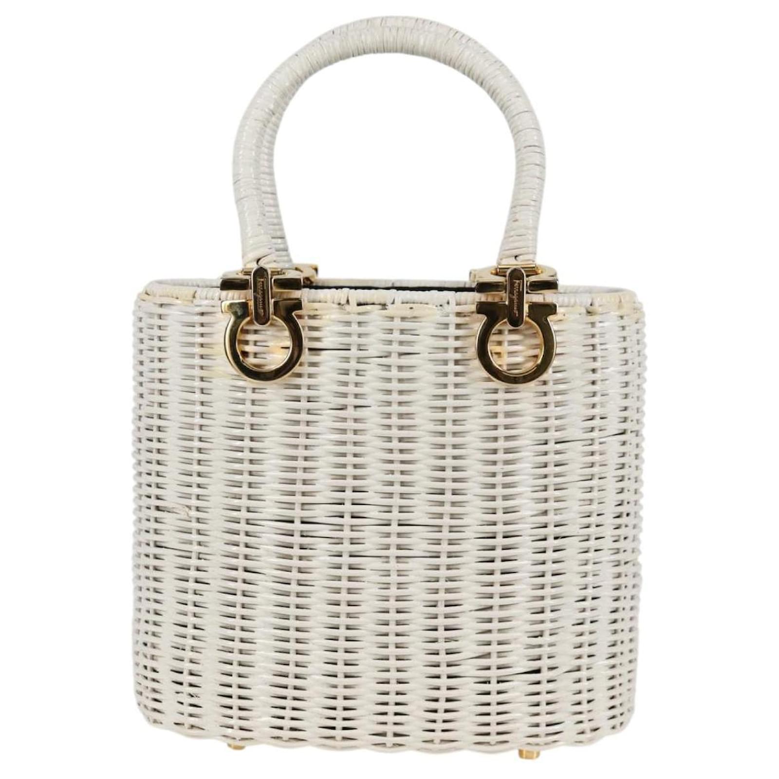 Salvatore Ferragamo Gancini Hand Bag Raffia White Gold Auth