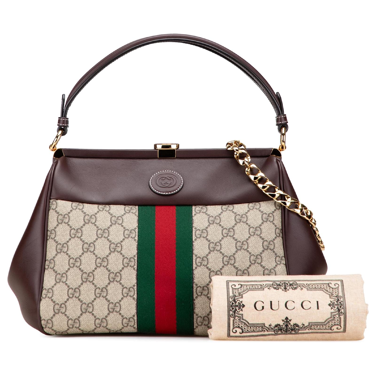 Gucci Brown GG Supreme Ophidia Virgo Top Handle Bag Beige Cloth