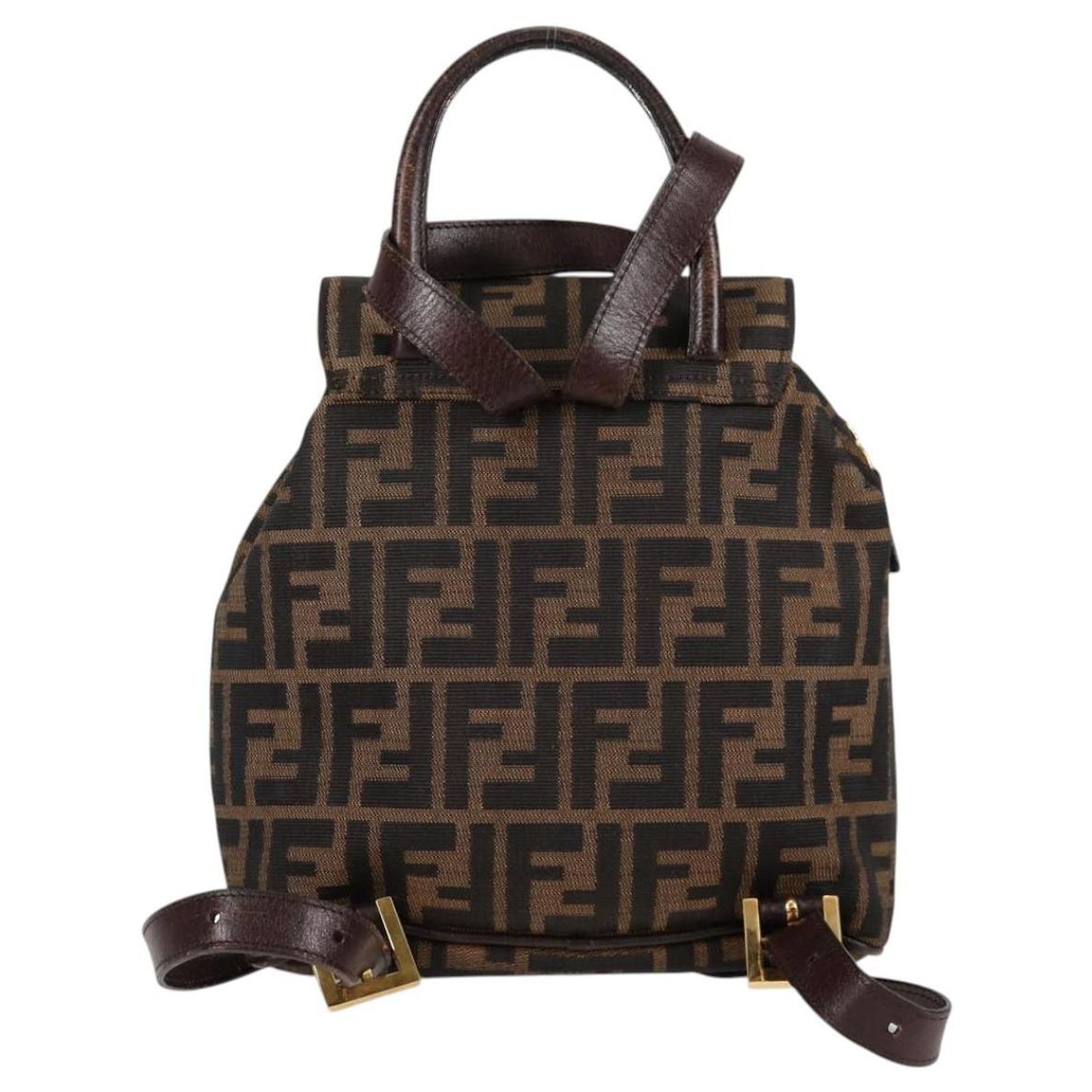 FENDI Zucca Canvas Backpack Black Brown gold Auth 133306 