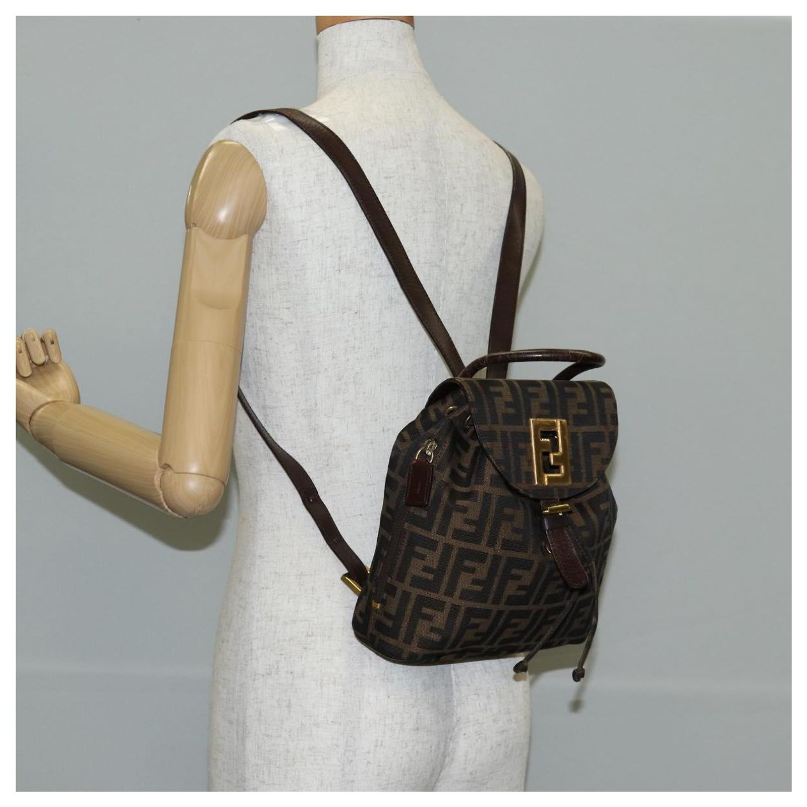 FENDI Zucca Canvas Backpack Black Brown gold Auth 133306  display picture 1