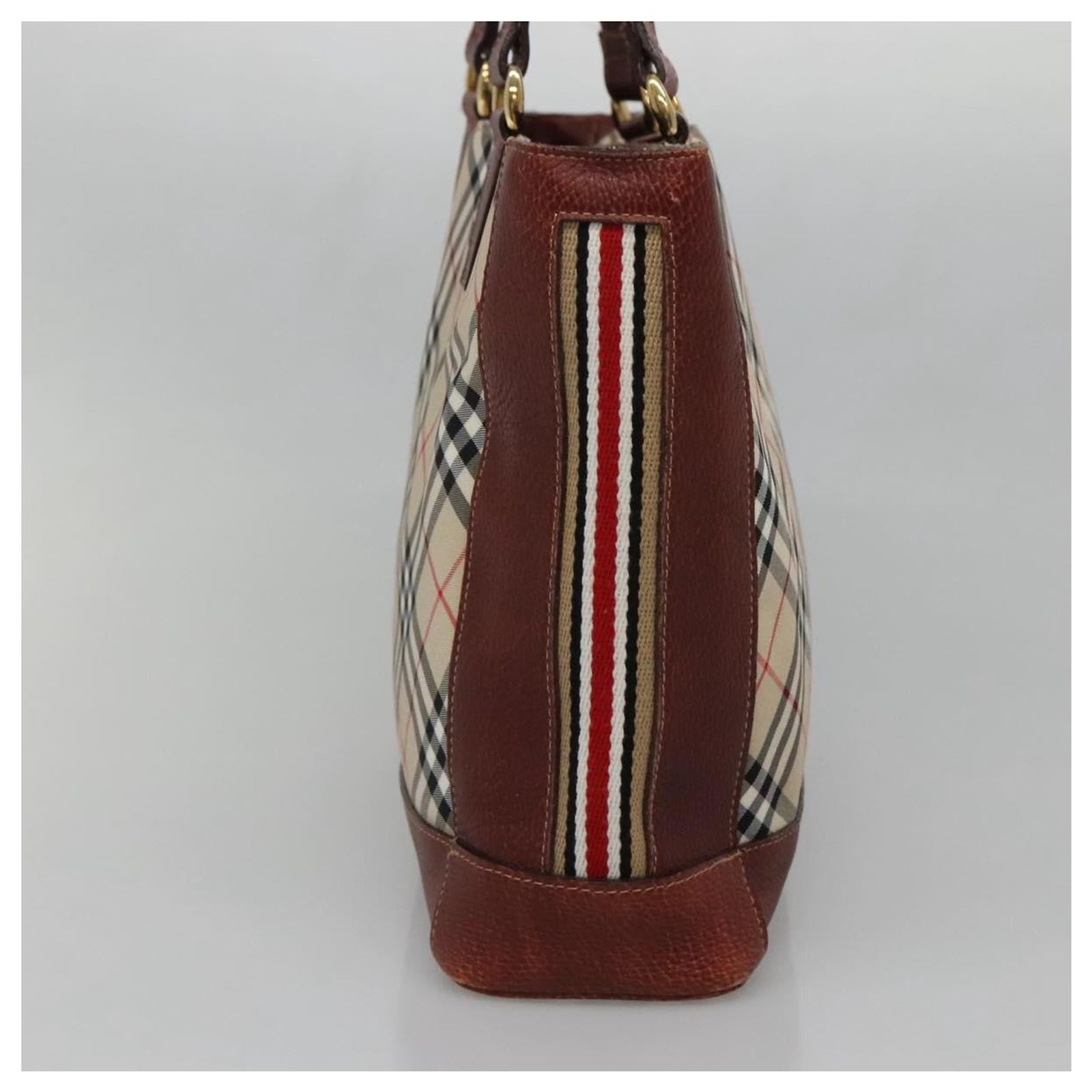 BURBERRY Nova Check Blue Label Tote Bag Canvas Beige Gold Auth