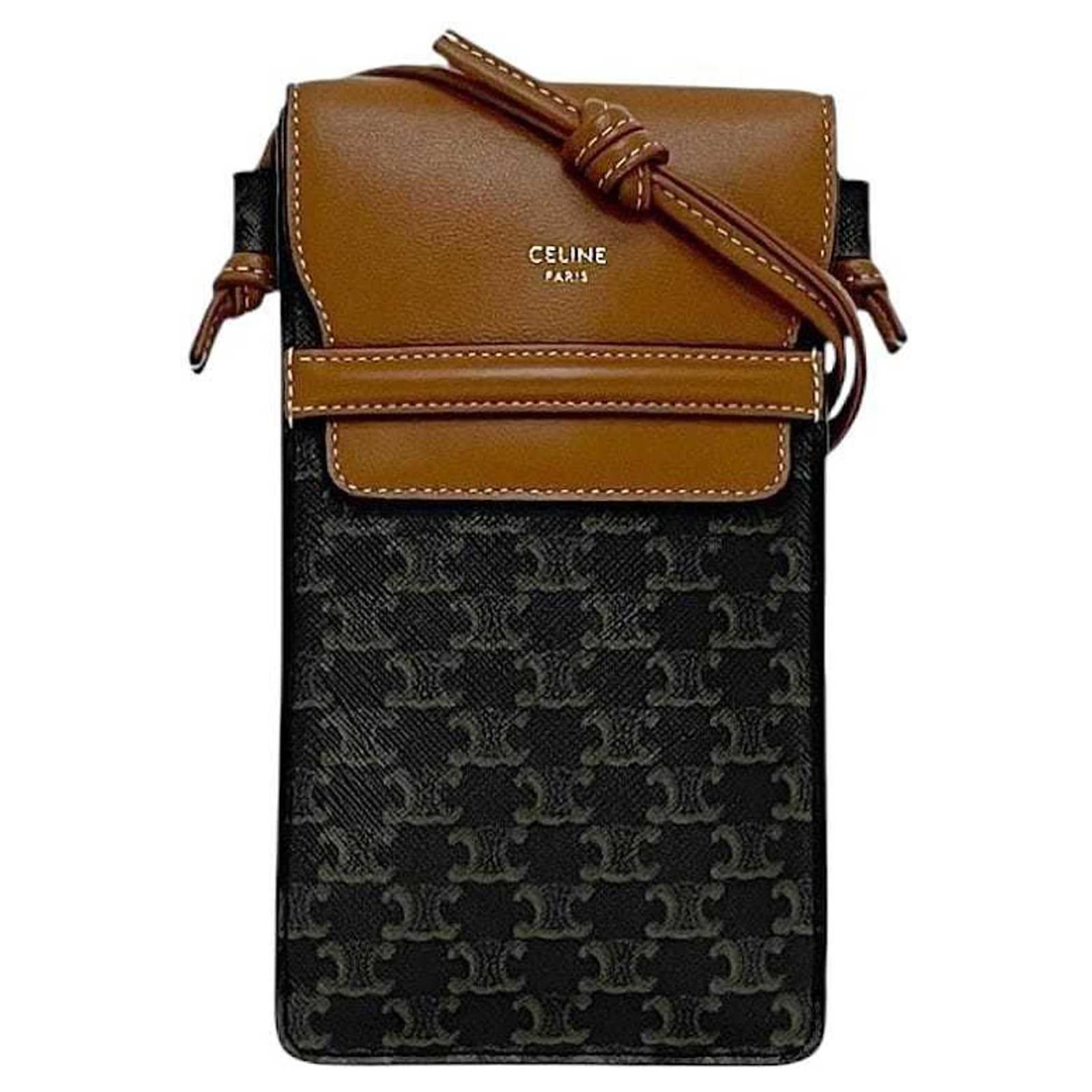 Triomphe Céline Celine Phone Shoulder Bag Brown Black Leather