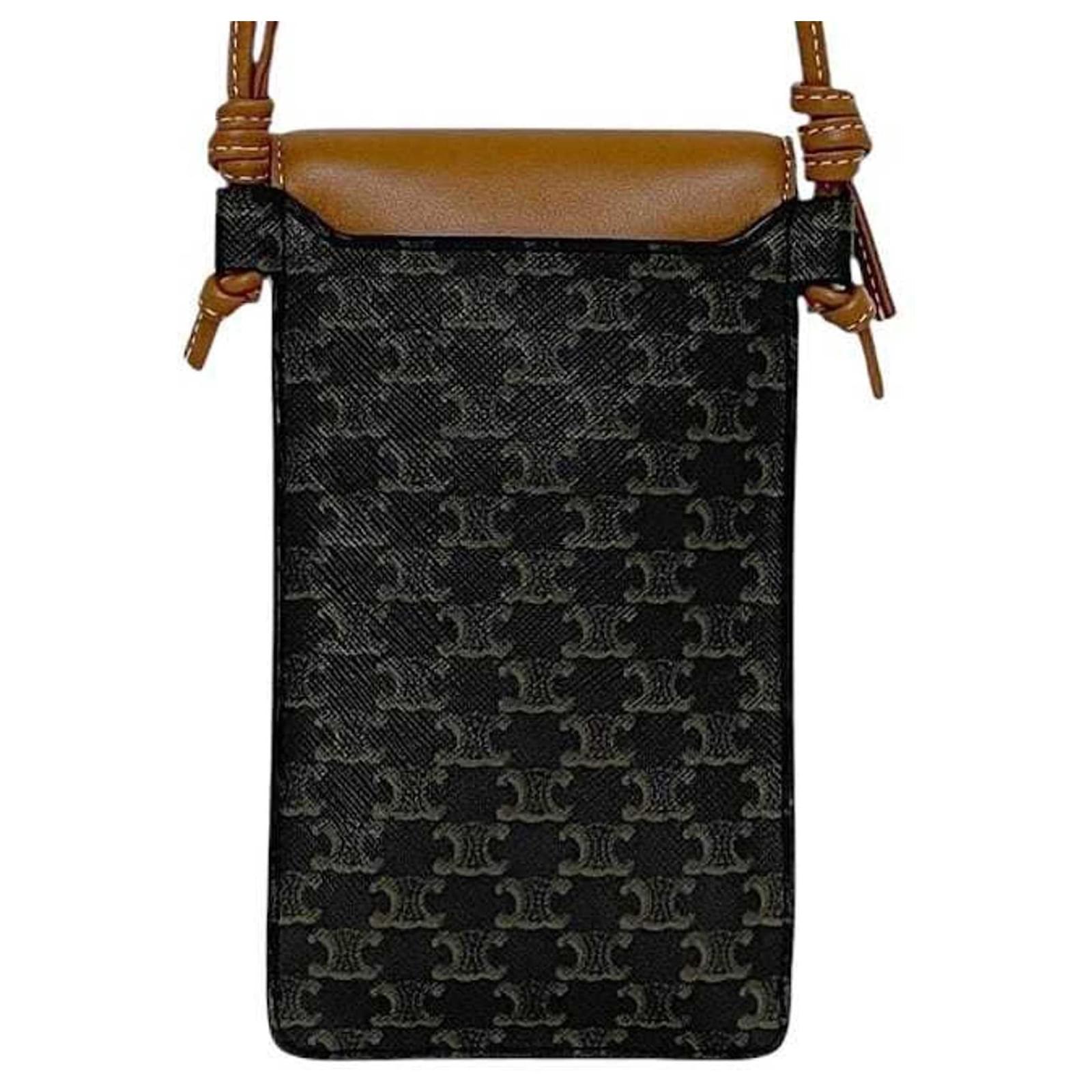 Triomphe Céline Celine Phone Shoulder Bag Brown Black Leather