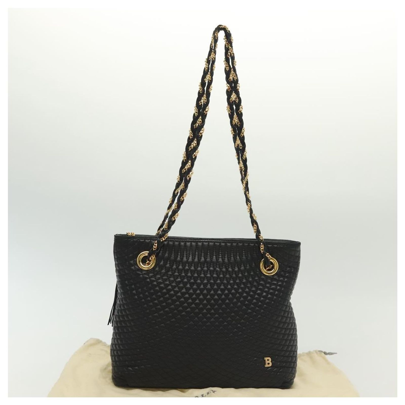 BALLY Quilted Chain Shoulder Bag Leather Black Gold Auth 133395 