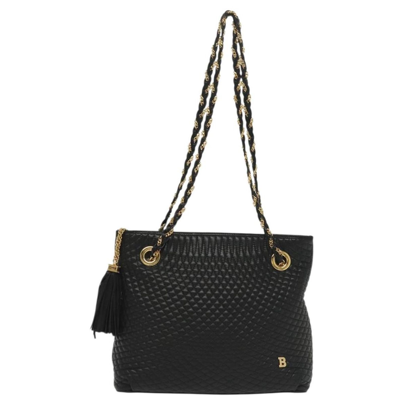 BALLY Quilted Chain Shoulder Bag Leather Black Gold Auth 133395 