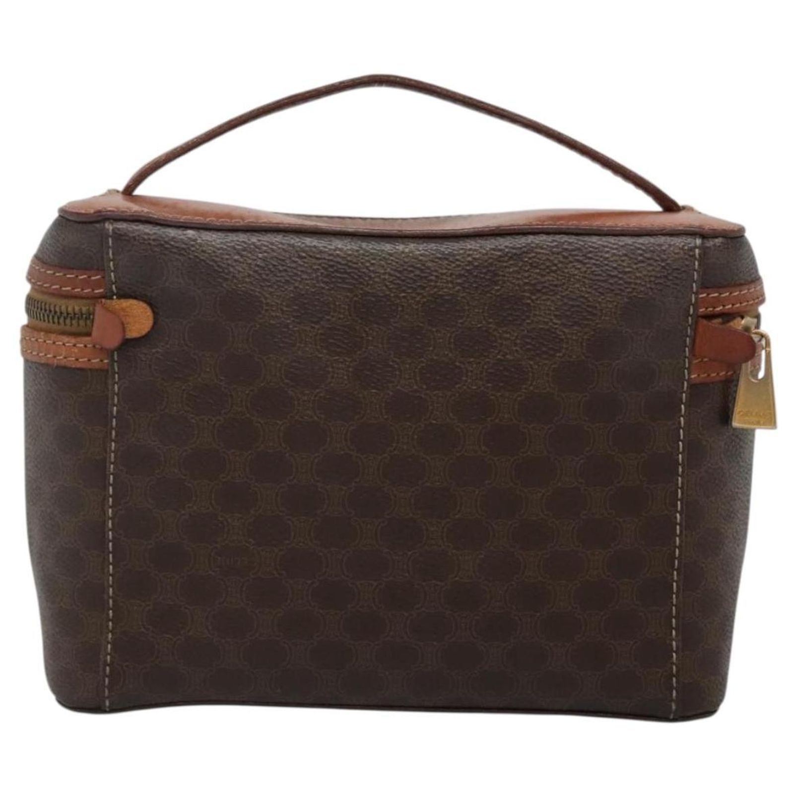Céline CELINE Macadam Canvas Vanity Pouch PVC Leather Brown Gold 