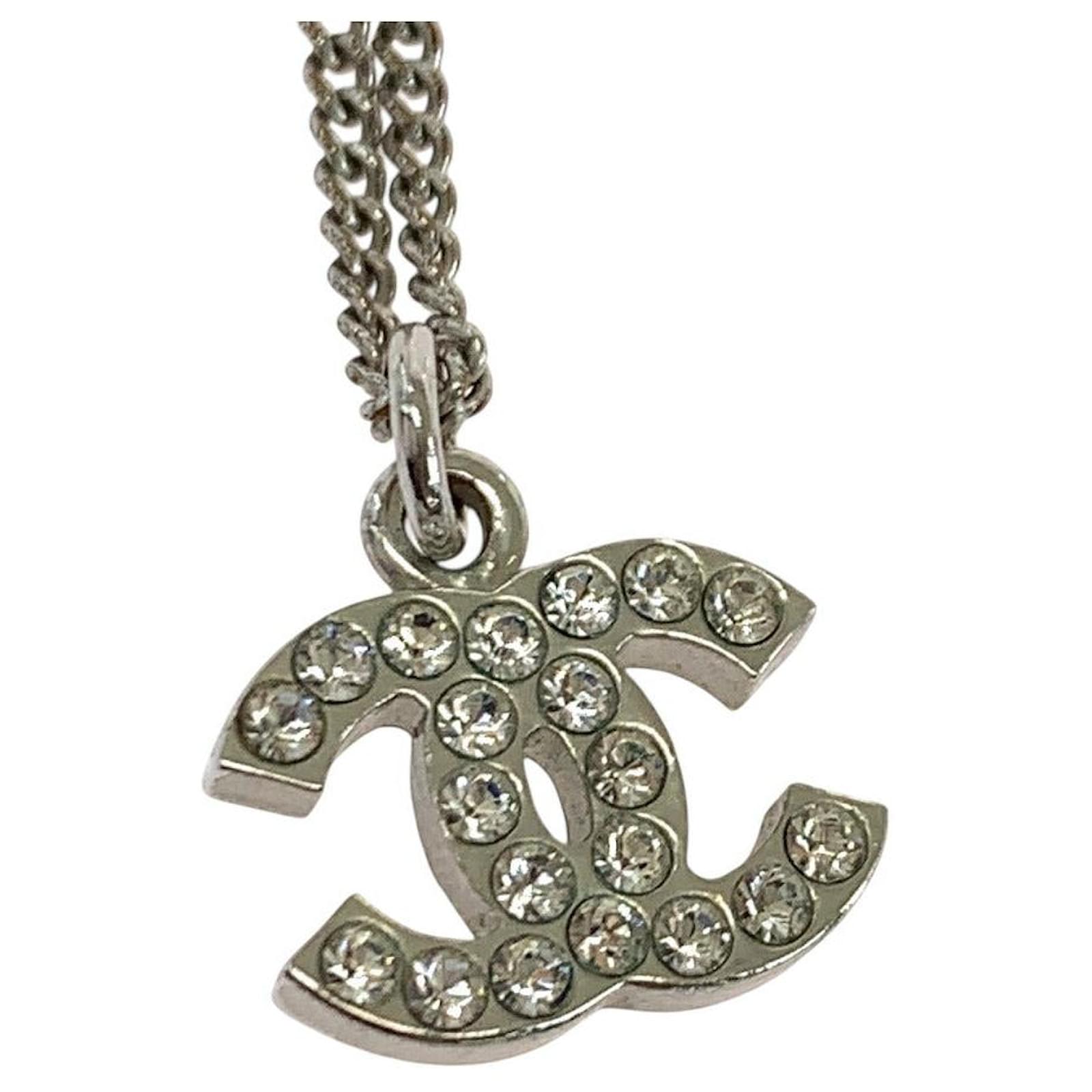 Chanel Coco Mark Rhinestone Necklace Silvery Metallic Metal ref