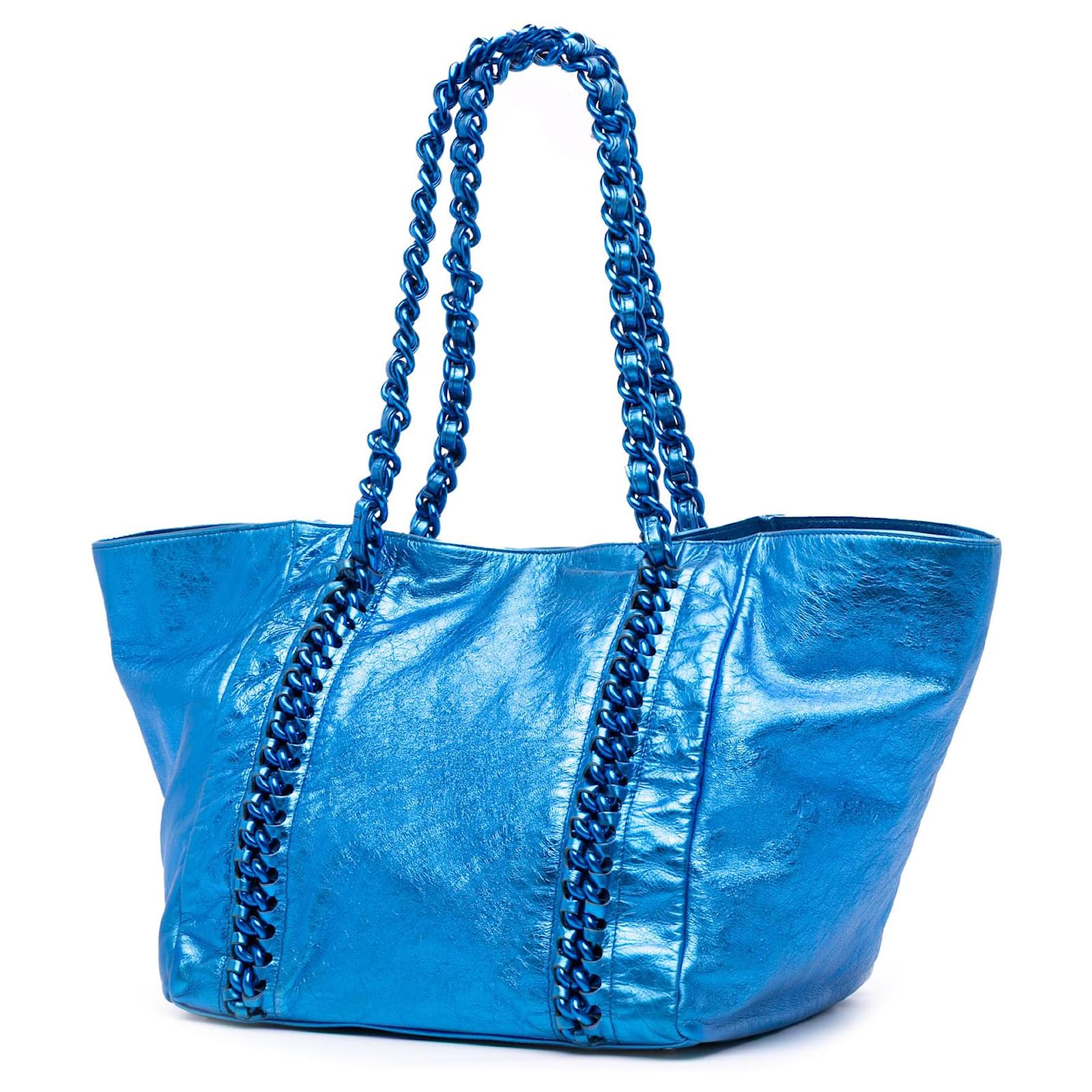 Chanel Blue Medium Cracked Metallic Calfskin Modern Chain Tote
