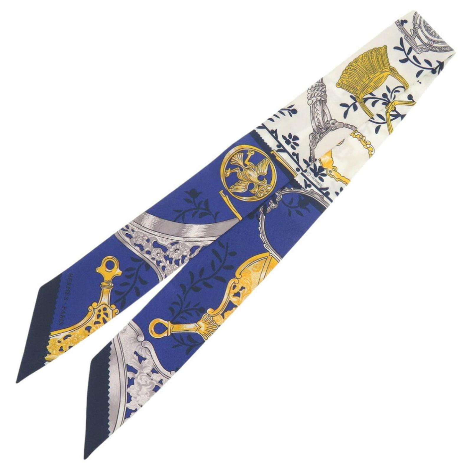 Hermès Twilly Etriers Remix Armor Silk Marine Scarf White Blue ref
