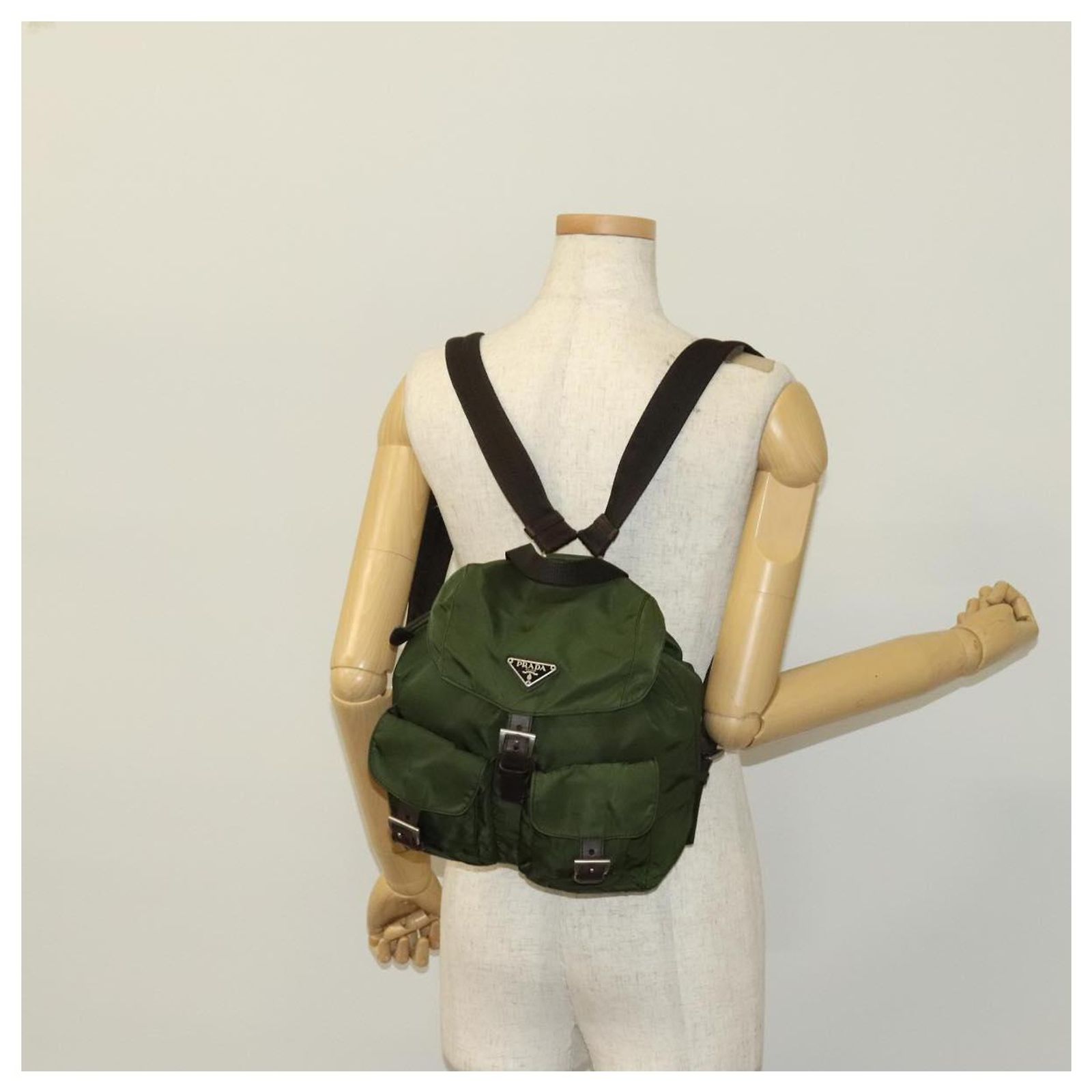 PRADA Backpack Nylon Khaki Silver Auth ki5980 Silvery ref  display picture 1