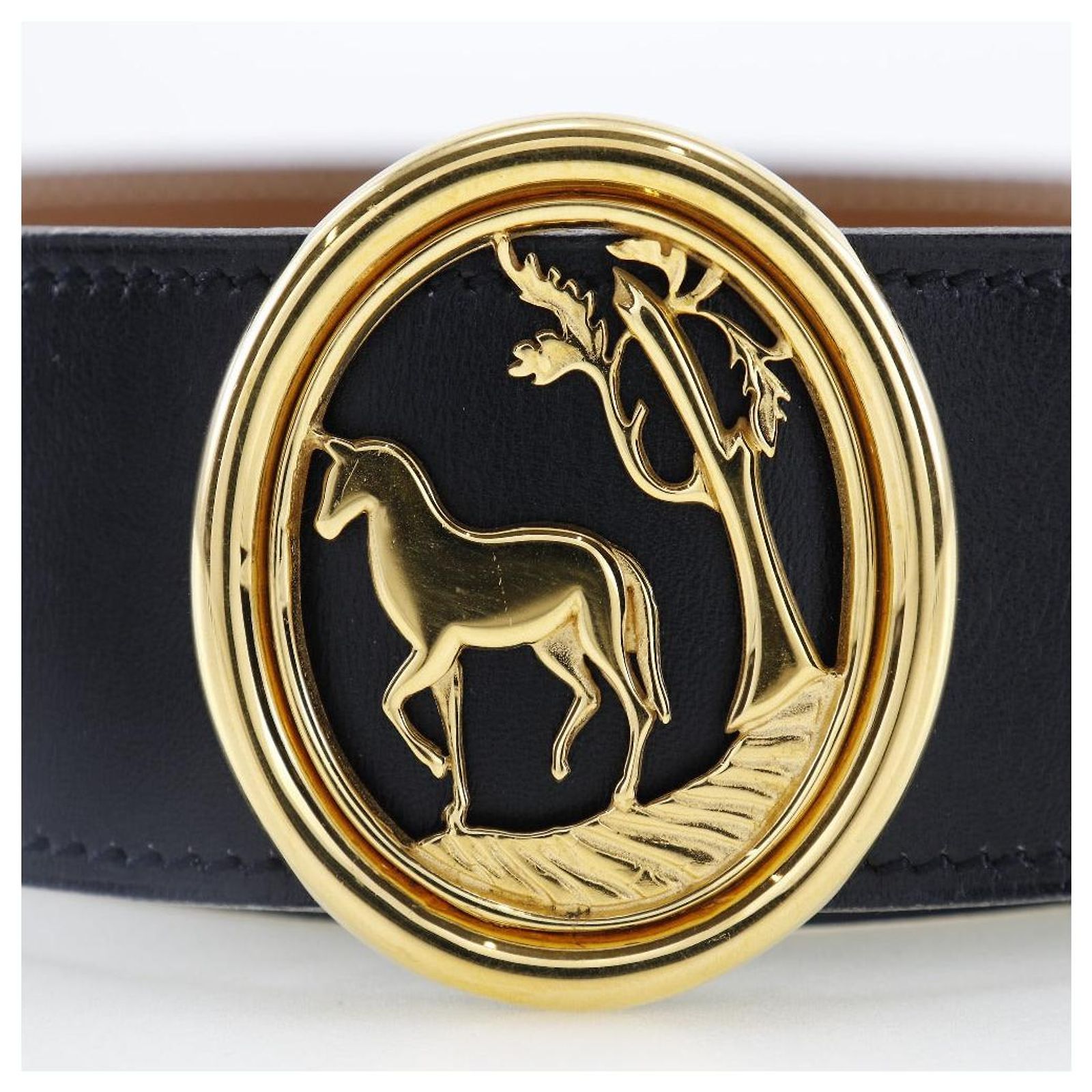 Hermès Hermes Horse Buckle Box Calf×Clemence Belt Brown 