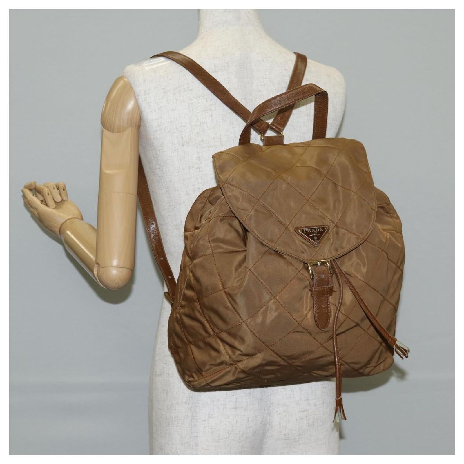 PRADA Backpack Nylon Brown Gold Auth yk18648 Golden ref 