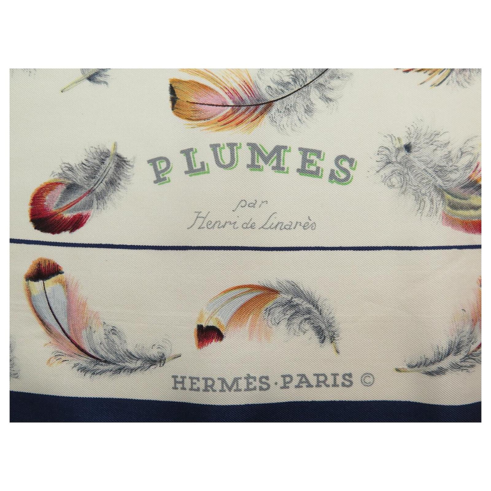 Hermès VINTAGE HERMES SCARF LES PLUMES LINARES BLUE SILK 90CM BOX