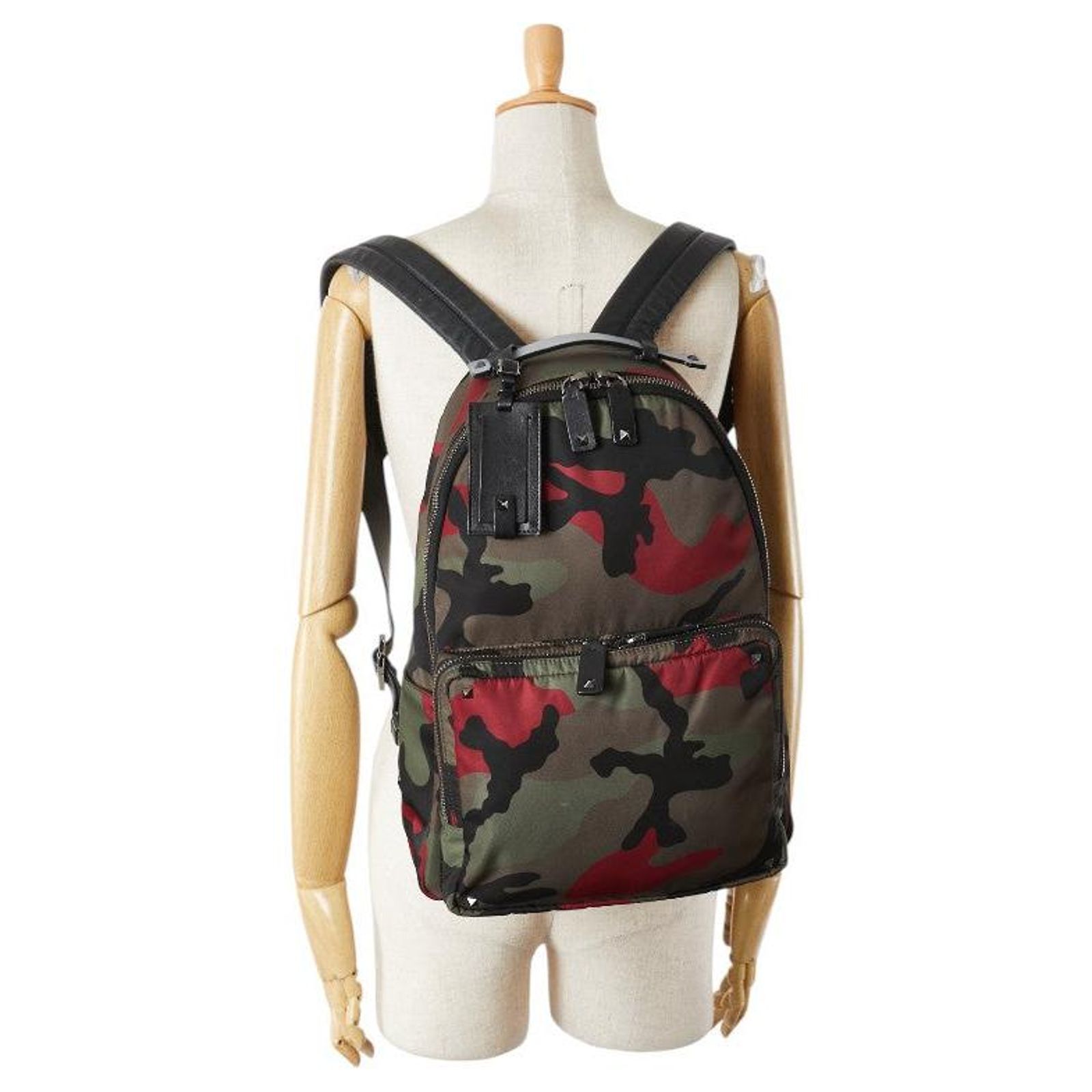 Valentino Studs Camouflage Nylon Leather Backpack Red  display picture 2