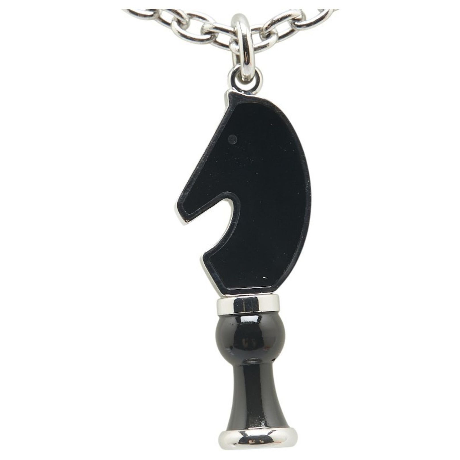 Hermès Hermes Collier Cavalier Horse Chess Necklace Black Silvery 