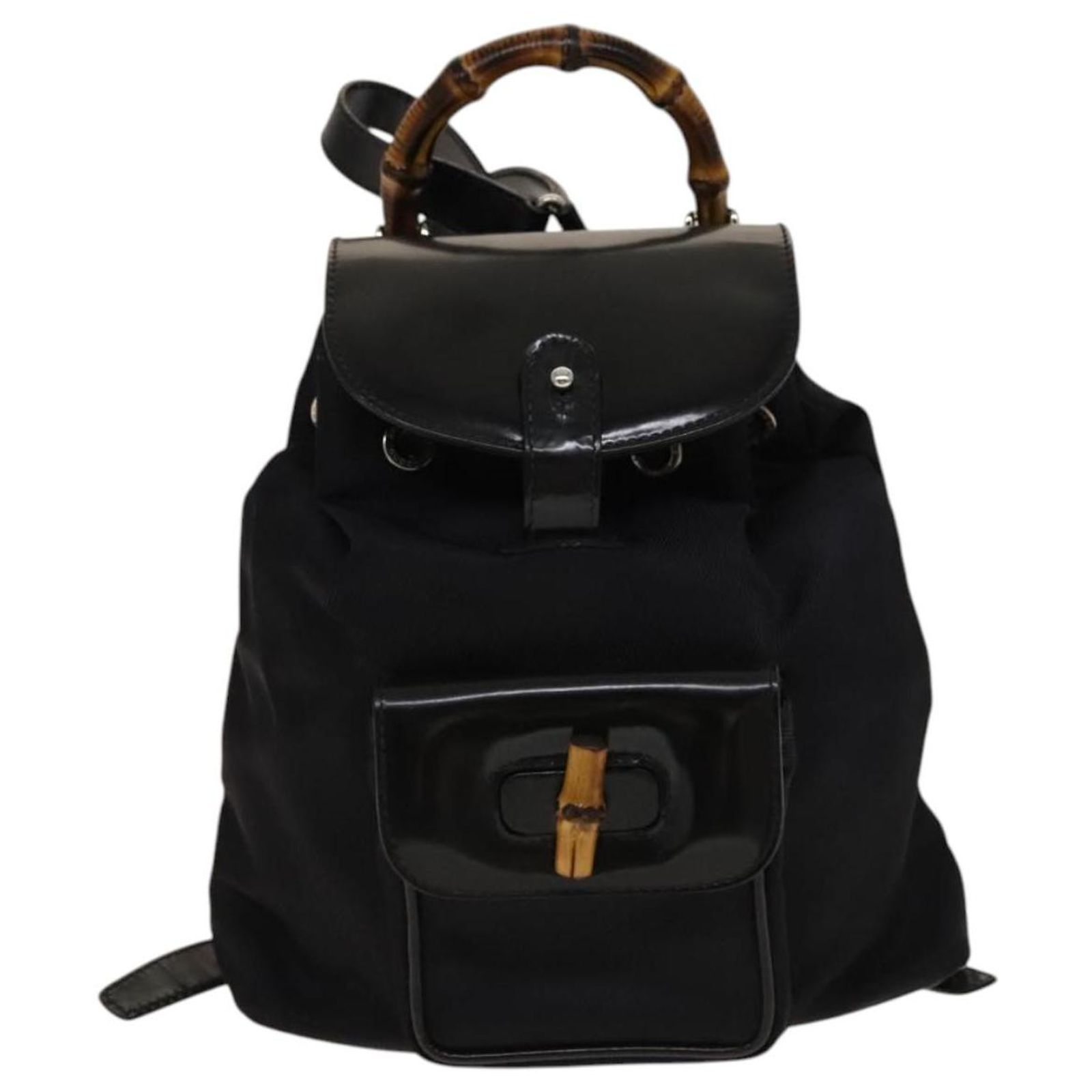 GUCCI Bamboo Backpack Canvas Black Silver 003 1998 0030 Auth 