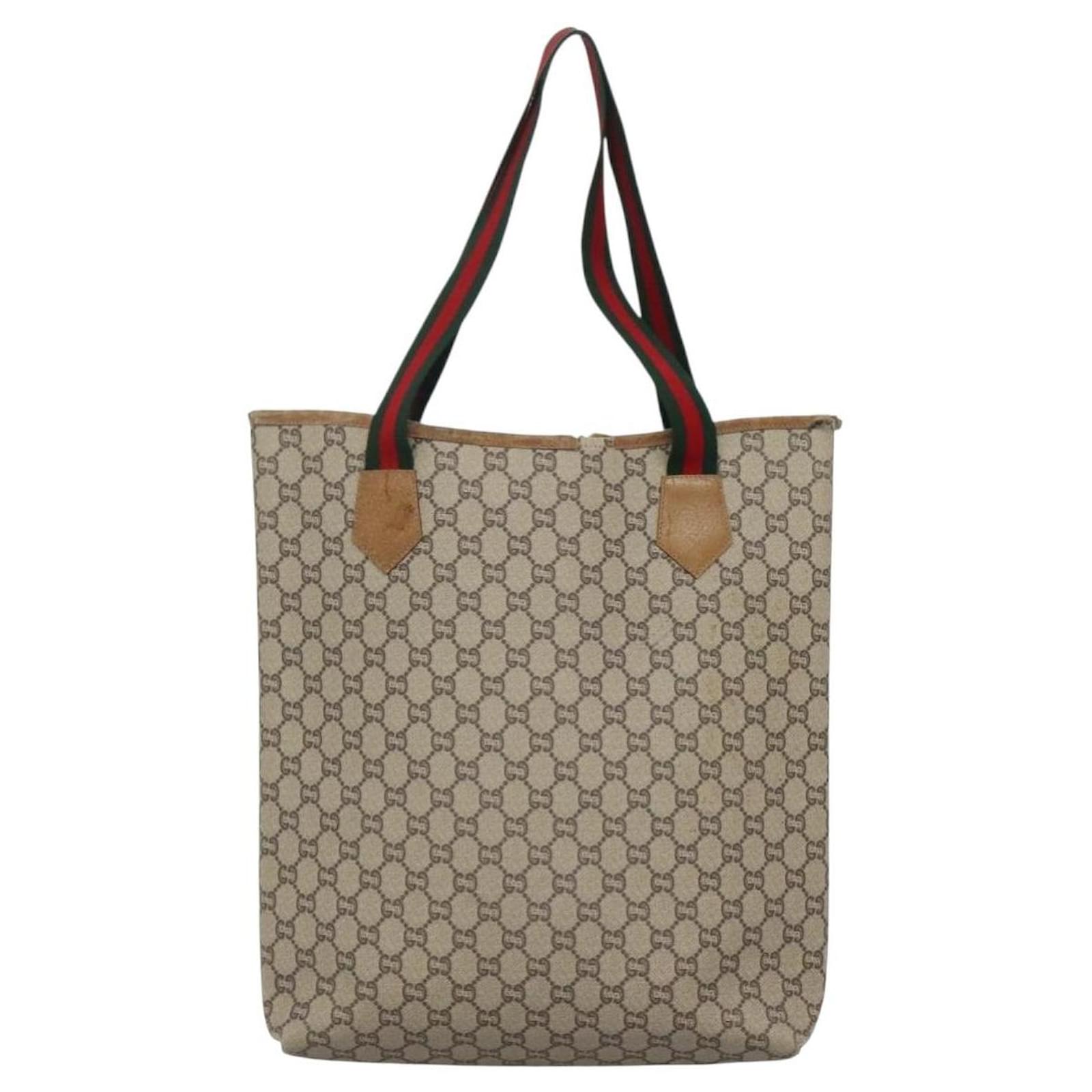 GUCCI GG Plus Supreme Web Sherry Line Tote Bag PVC Beige Gold Auth