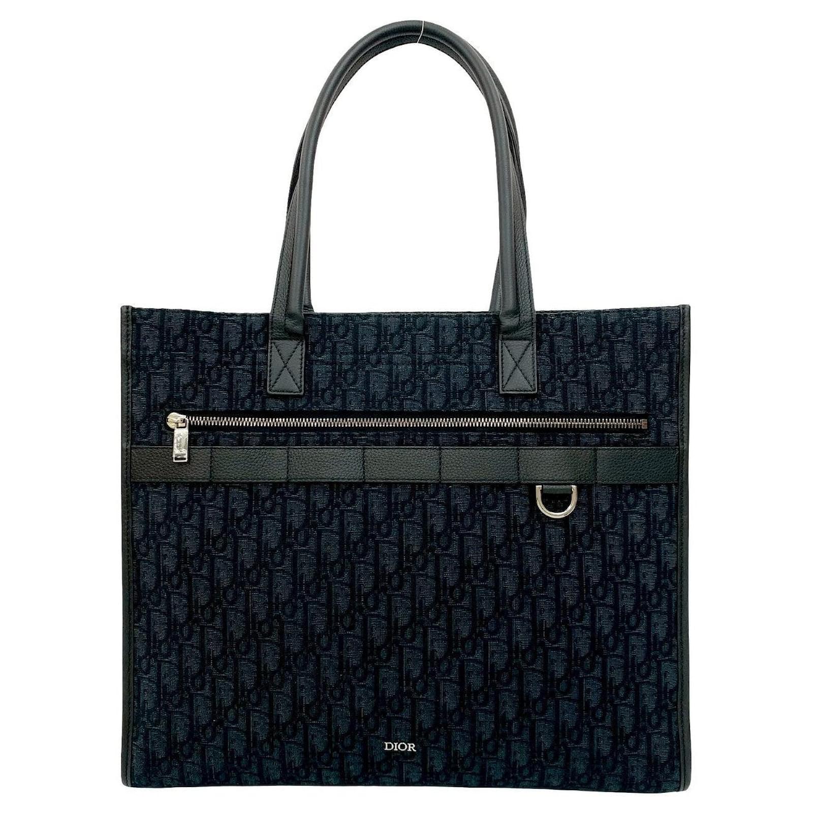 Christian Dior Safari Oblique Canvas Leather Tote Bag Black Cloth