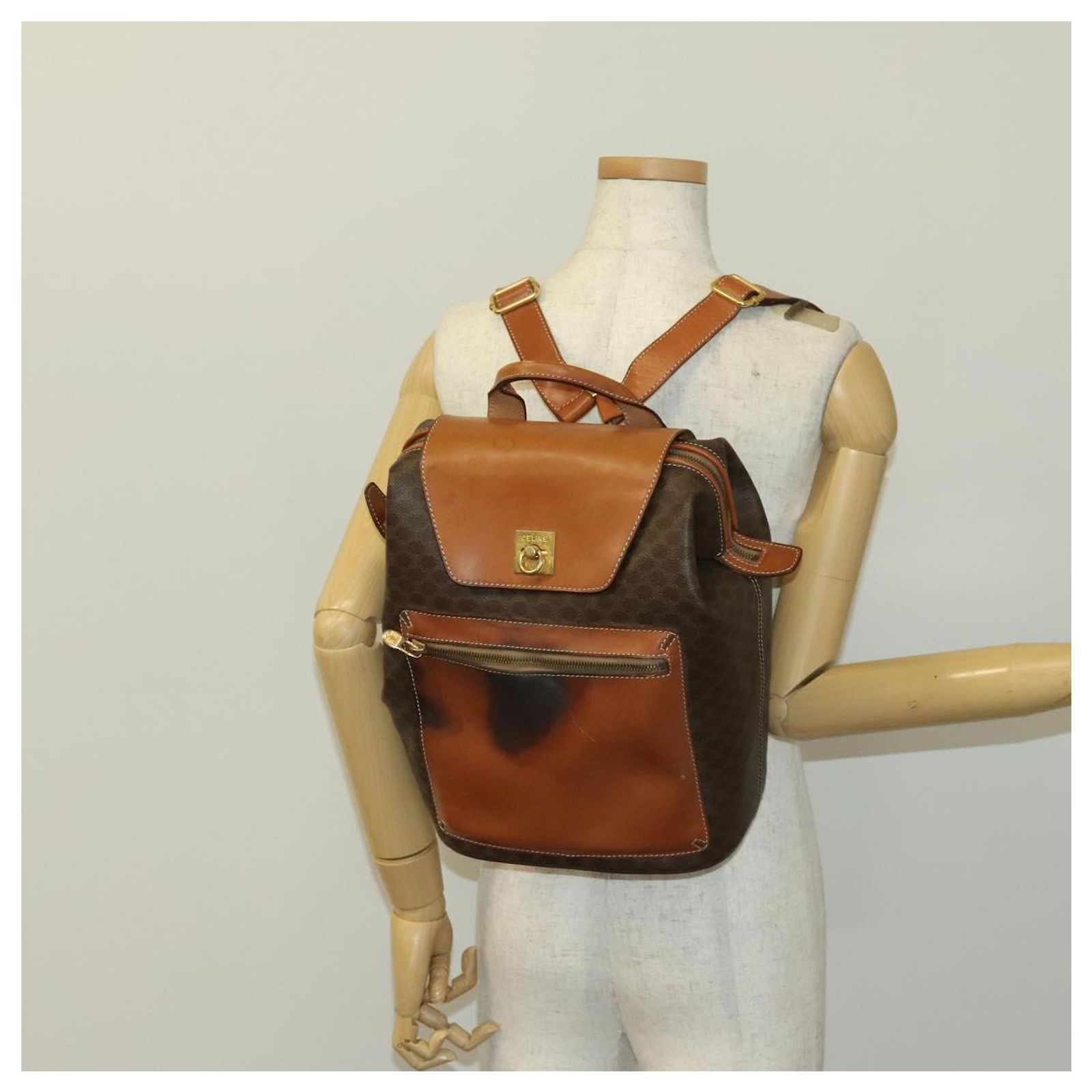 CELINE Macadam Canvas Backpack PVC Leather Beige Gold Auth 144815 CELINE PVC Backpacks for Women for sale | eBay main image 3
