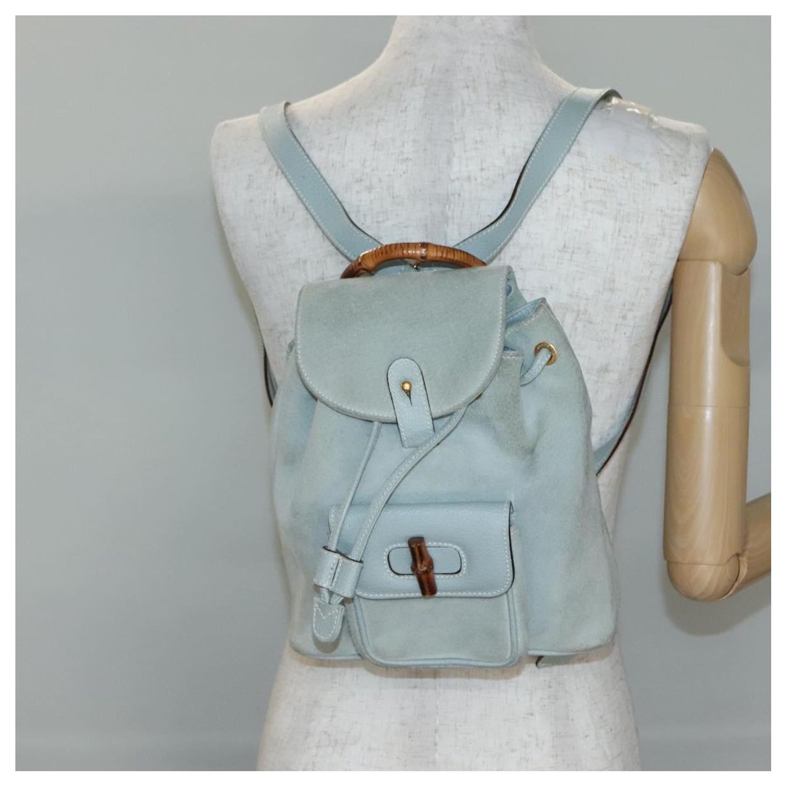 GUCCI Bamboo Backpack Suede Light Blue Gold 003 2058 0030 Auth BA5287 GUCCI Bamboo Backpack Suede Light Blue Gold 003 2058 0030  main image 2