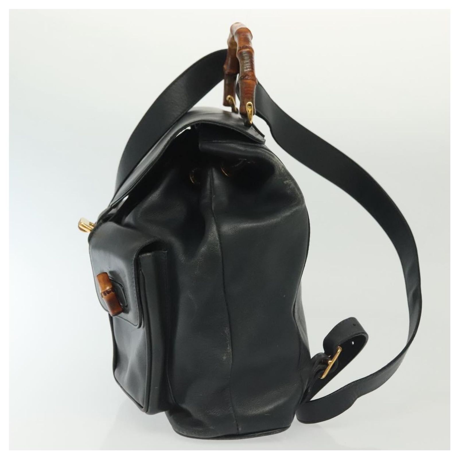 GUCCI Bamboo Backpack Leather Black Gold 003 2058 0016 Auth 