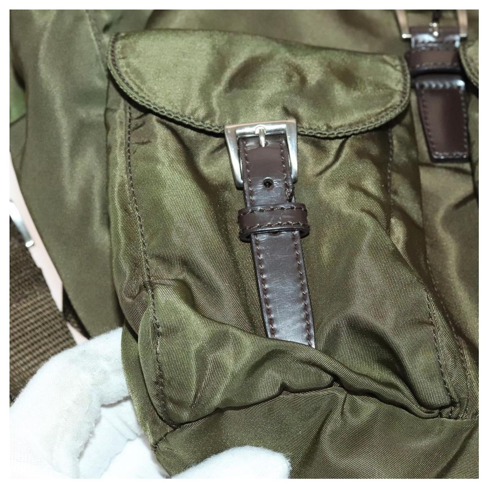PRADA Backpack Nylon Khaki Silver Auth 140624 Silvery ref 