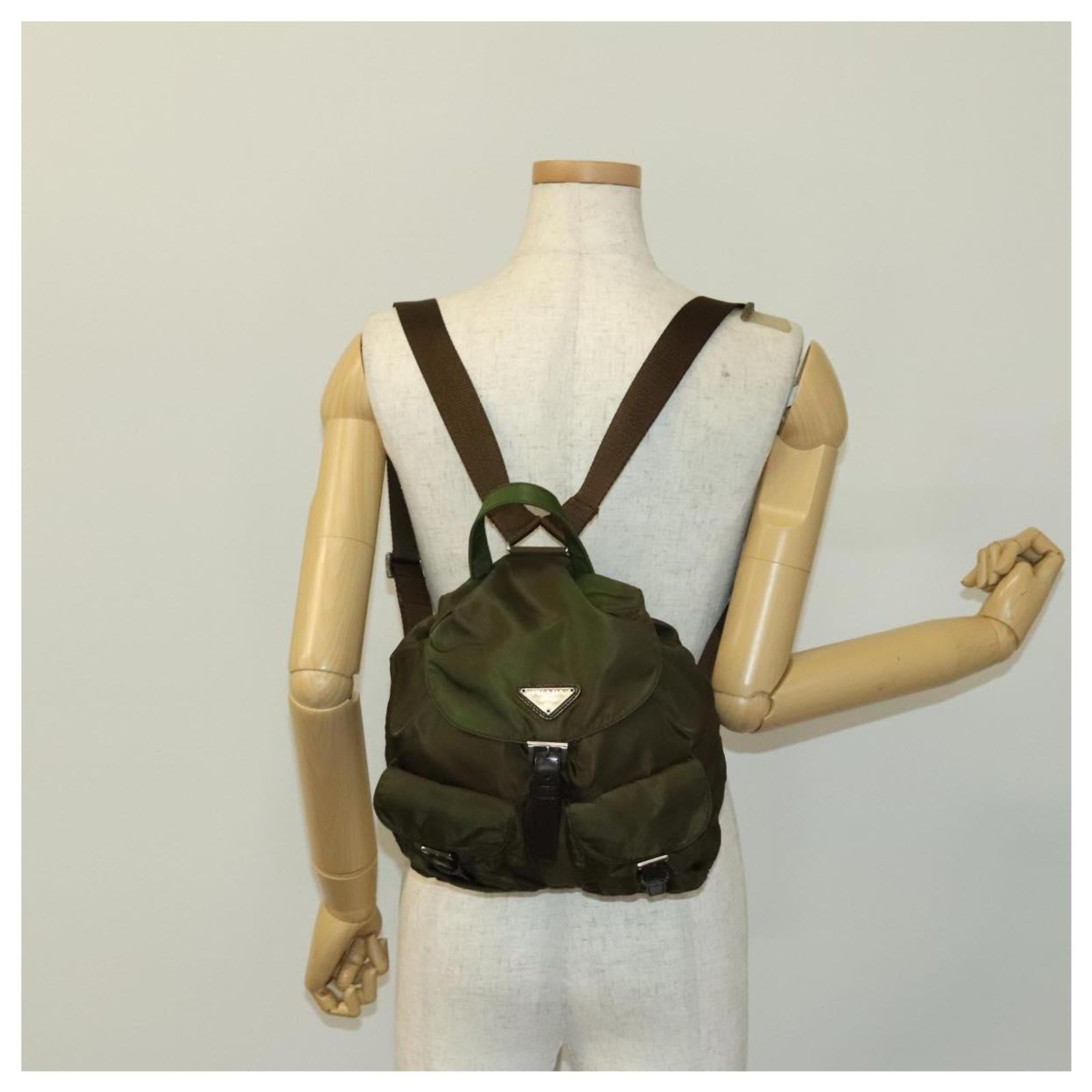 PRADA Backpack Nylon Khaki Silver Auth 140624 PRADA Backpack Nylon Khaki Silver Auth 140624 Silvery ref  main image 4