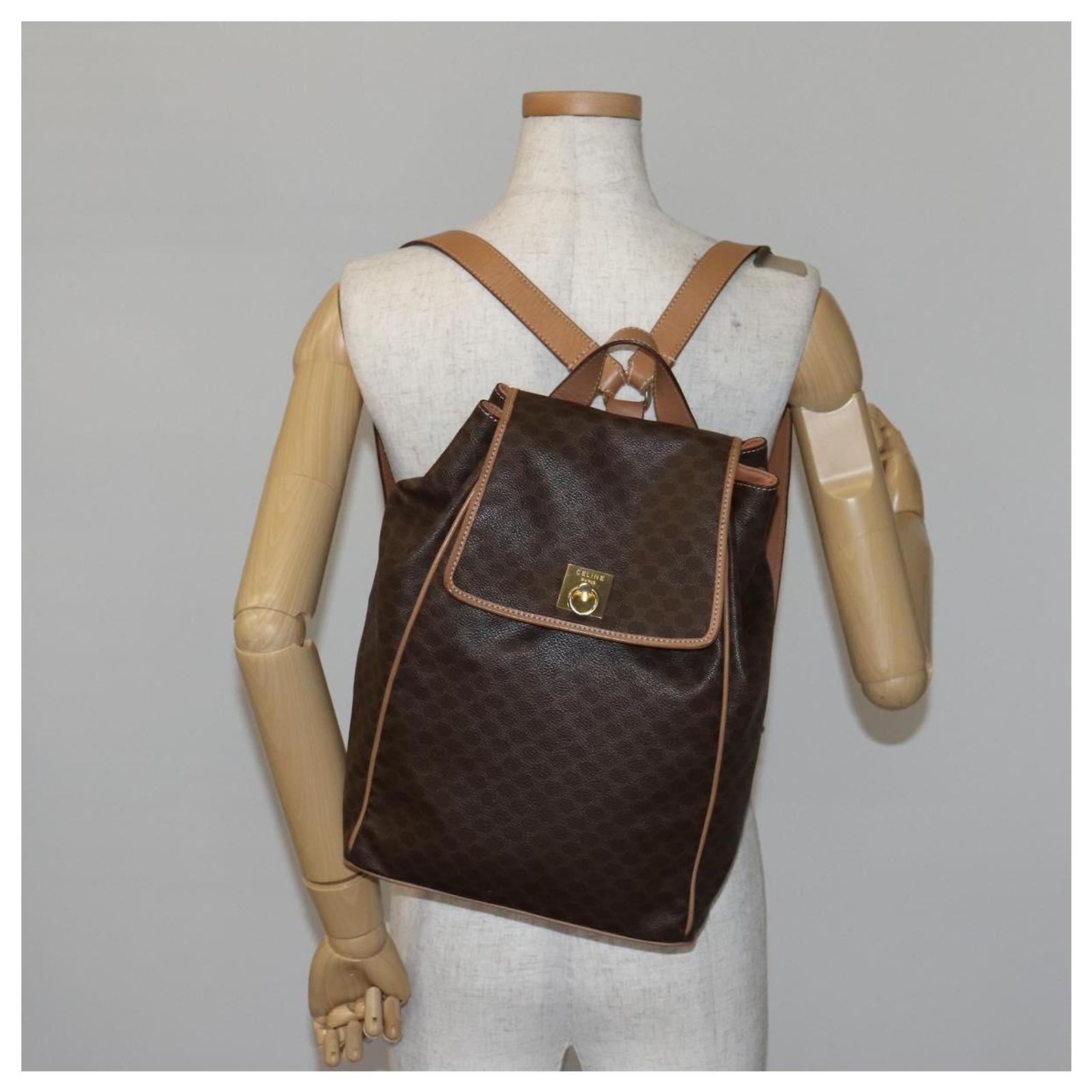CELINE Macadam Canvas Backpack PVC Leather Brown Gold Auth ep10649 Céline CELINE Macadam Canvas Backpack PVC Leather Brown Gold  main image 4