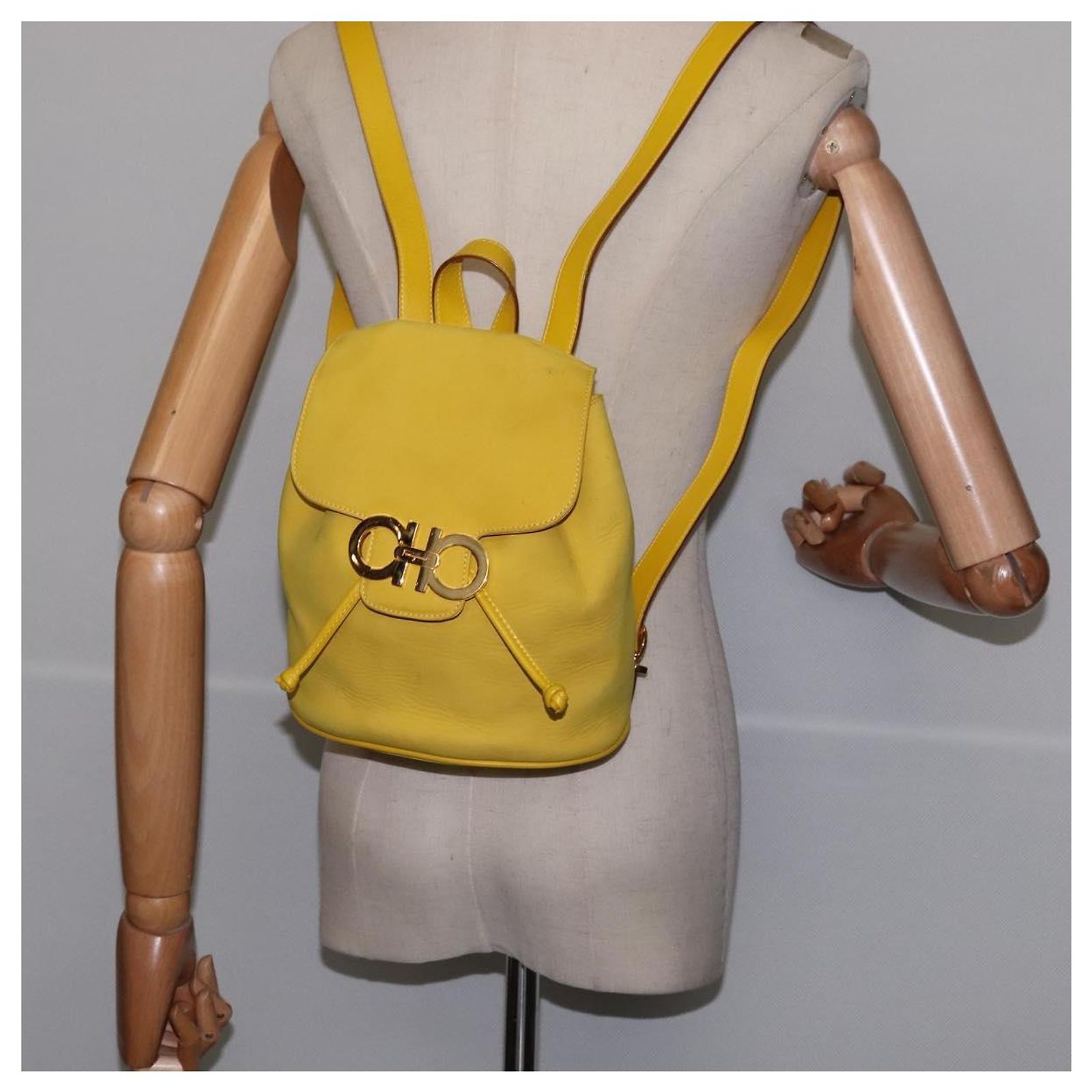 Salvatore Ferragamo Gancini Backpack Suede Yellow Gold Auth 