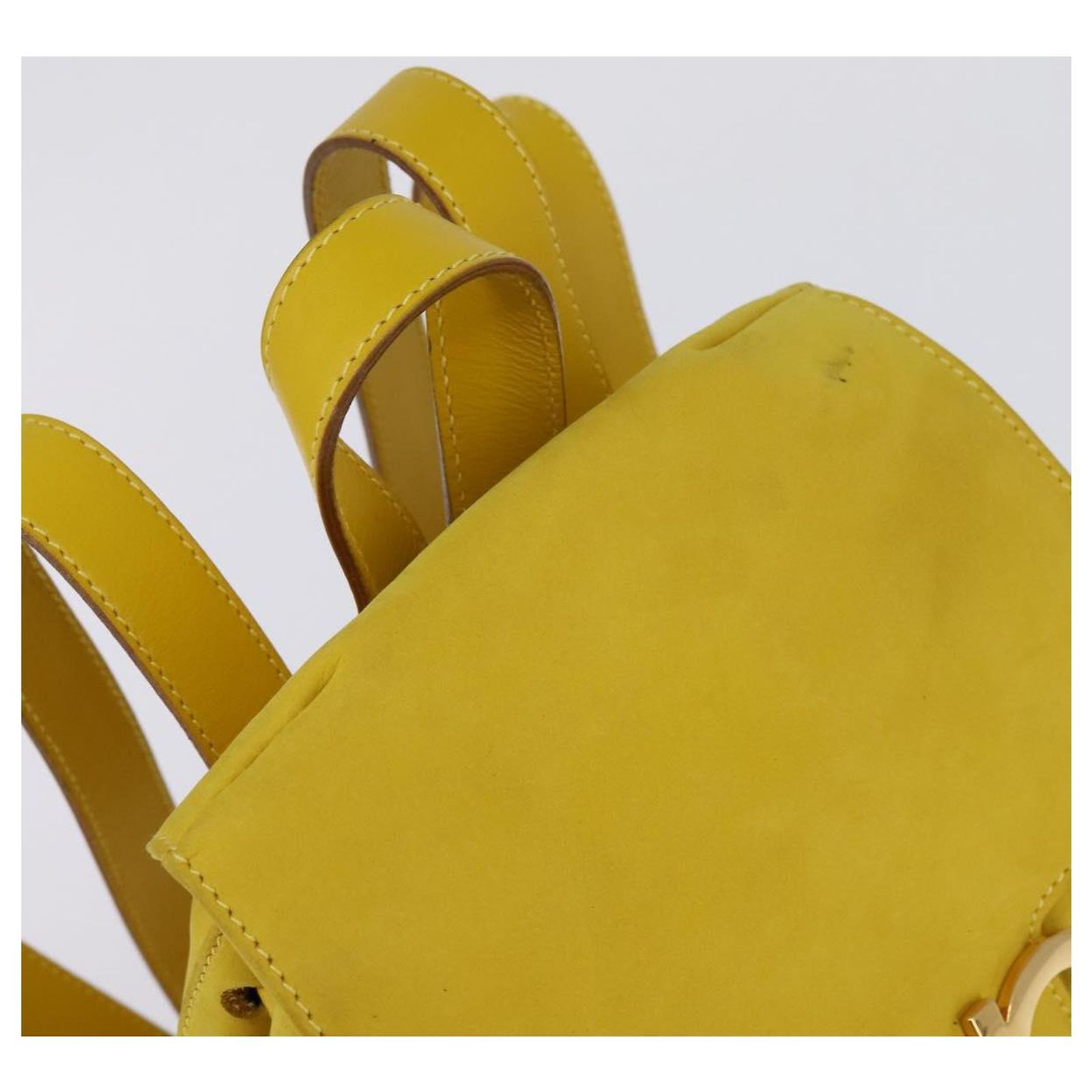 Salvatore Ferragamo Gancini Backpack Suede Yellow Gold Auth 