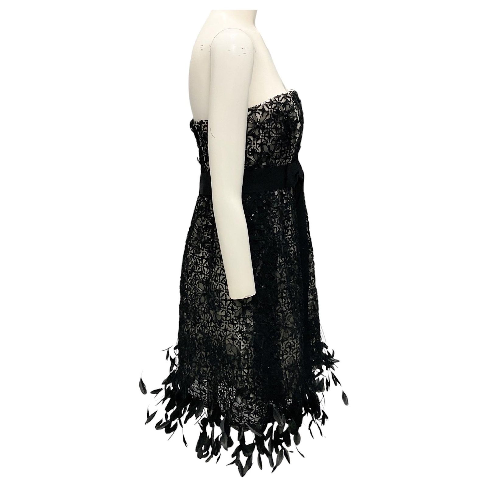 Oscar de la Renta Black Pre Fall 2011 Embellished Strapless Lace Cocktail Dress with Feather Hem