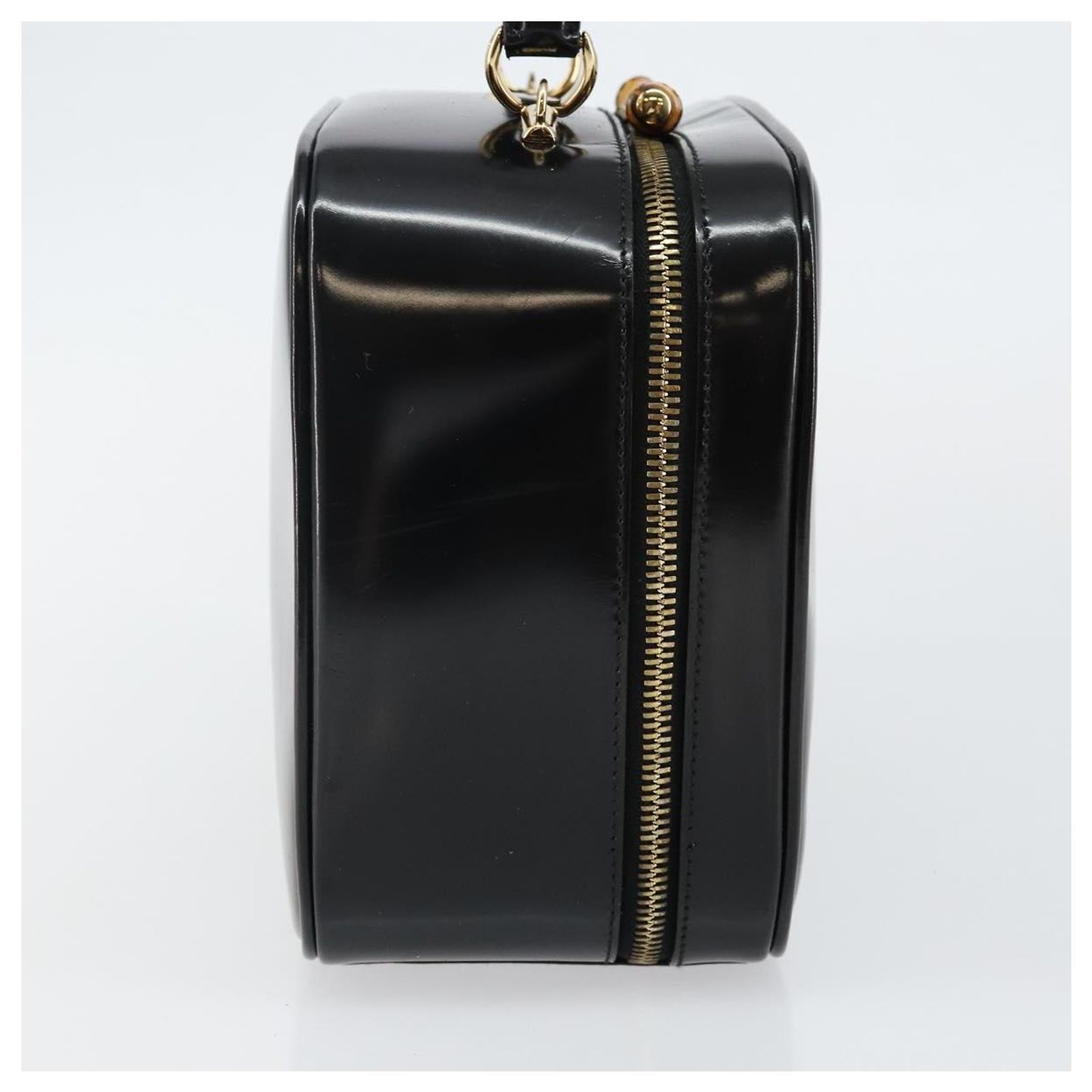 GUCCI Bamboo Hand Bag Enamel Black Gold 000 3270 0323 Auth SW1517 