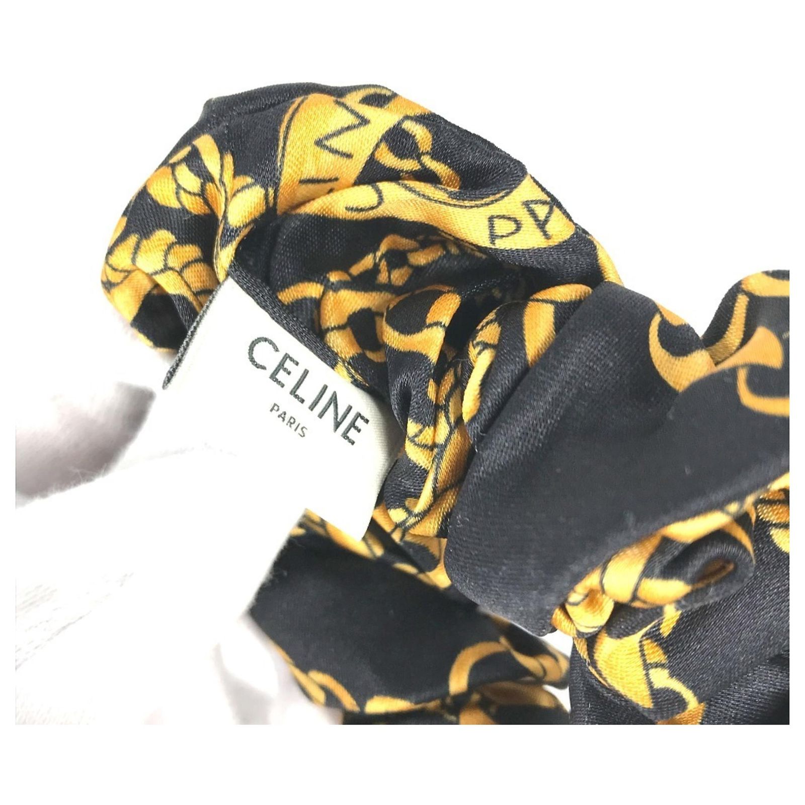 CELINE Triomphe Chain Hair Accessory, Silk Scrunchie, Women\'s, Black Celine Scrunchy Rayure in Silk and Brass with Gold finish  main image 2