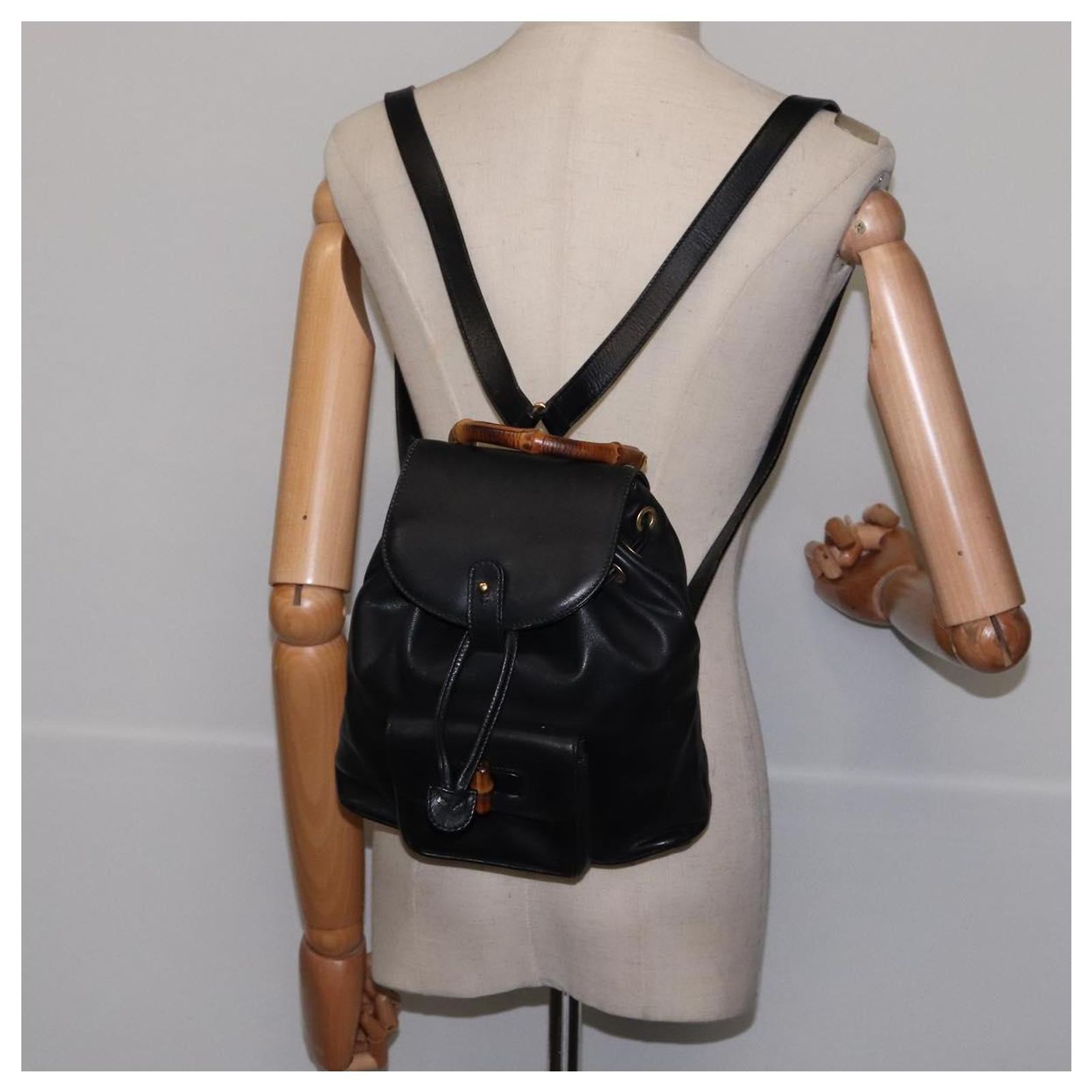 GUCCI Bamboo Backpack Leather Black Gold 003 1705 0030 Auth  display picture 2