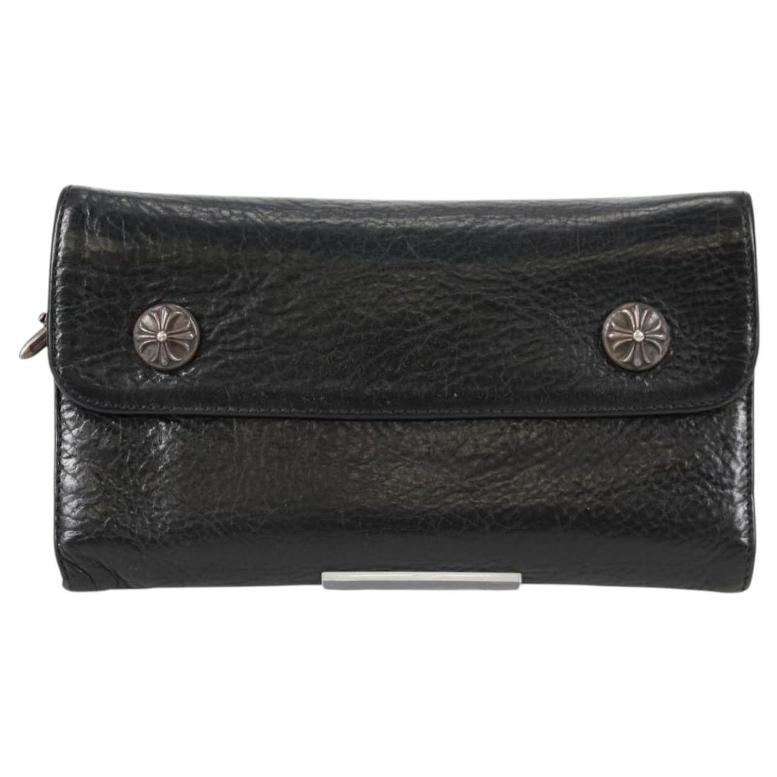 Chrome Hearts Wave Cross Ball Long Wallet Leather Black Auth