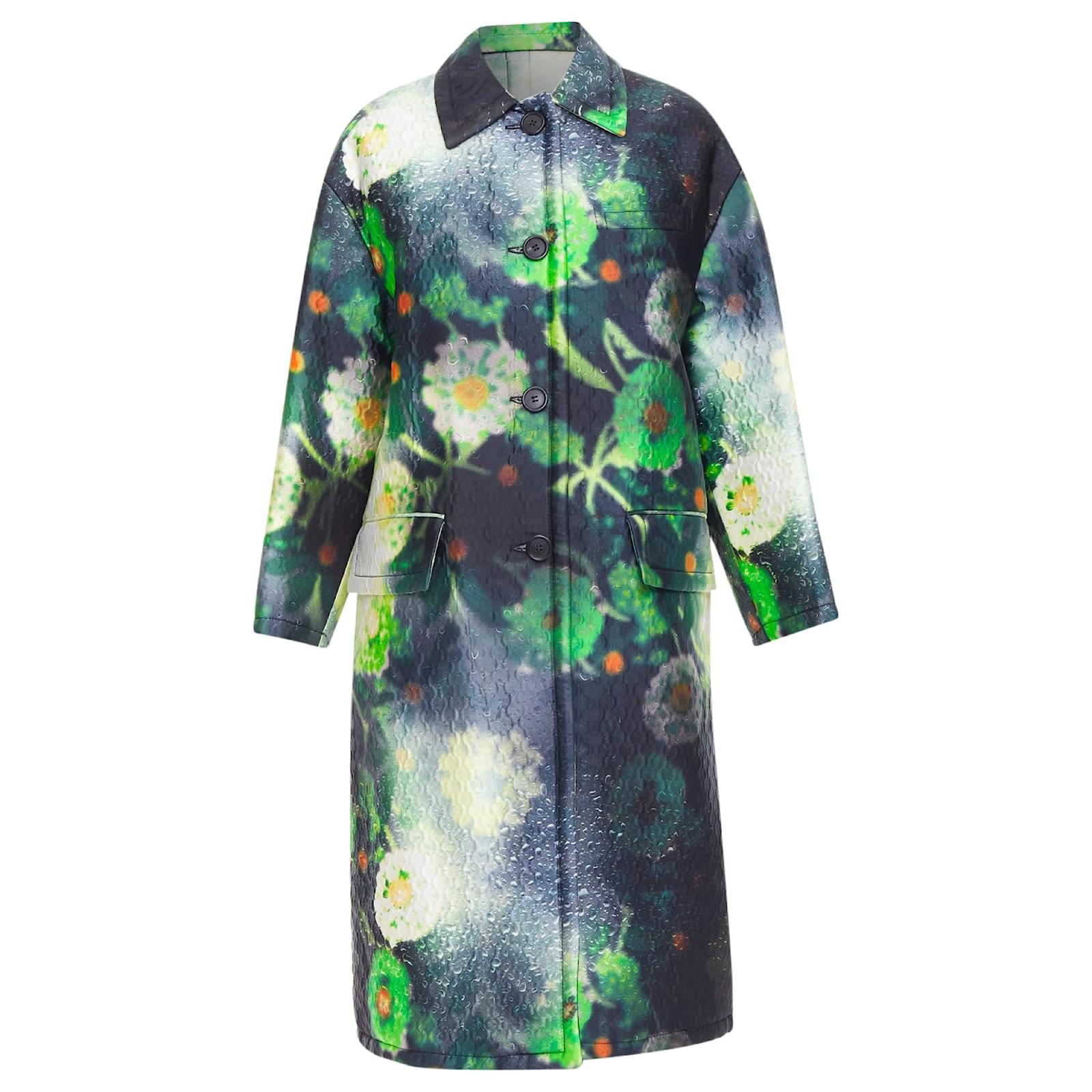 PRADA 2018 Runway green black flower raindrop print overcoat