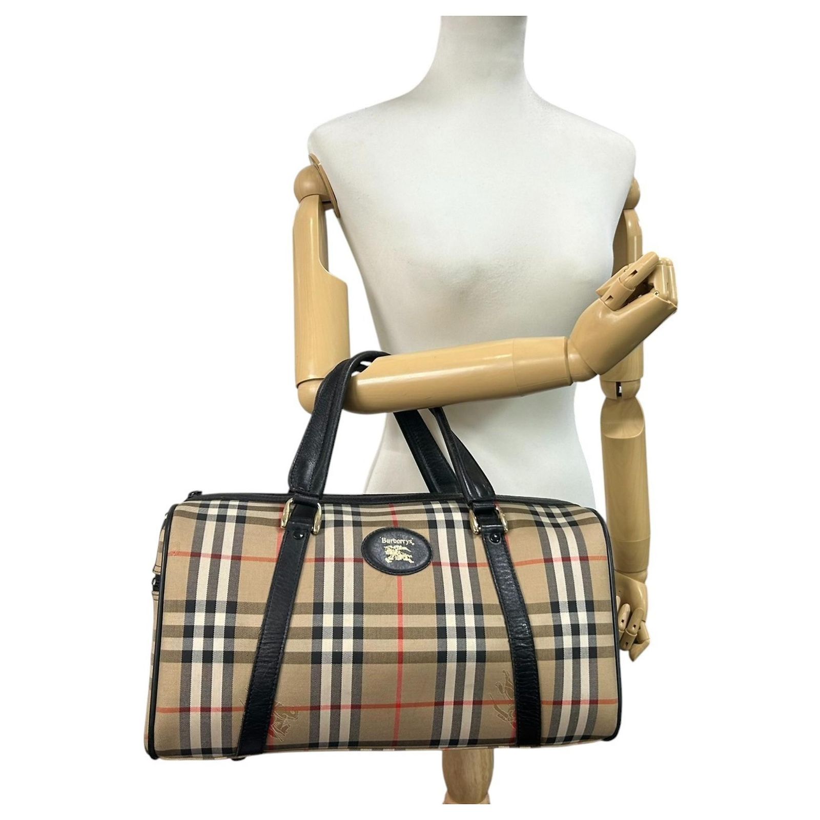 Burberry Vintage Mini Boston Bag Black Beige Leather Cloth ref 