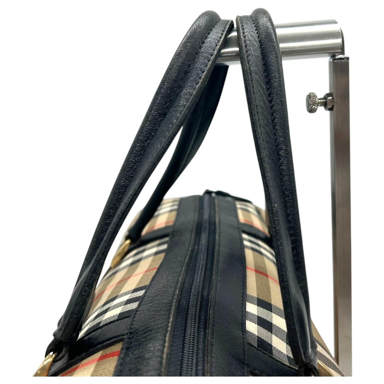 Burberry Vintage Mini Boston Bag Black Beige Leather Cloth ref 