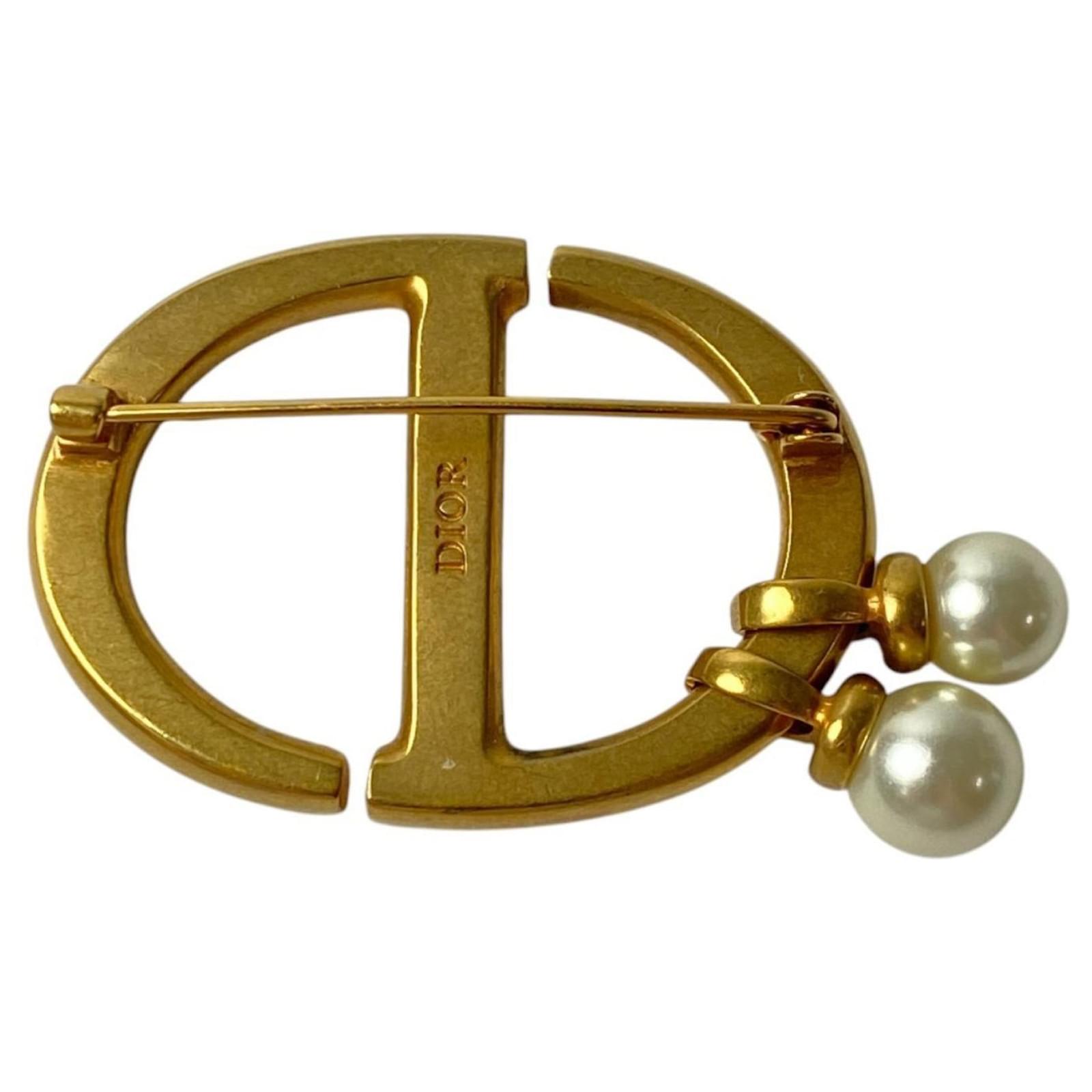 Christian Dior Women's CD Logo Brooch with Faux Pearls White