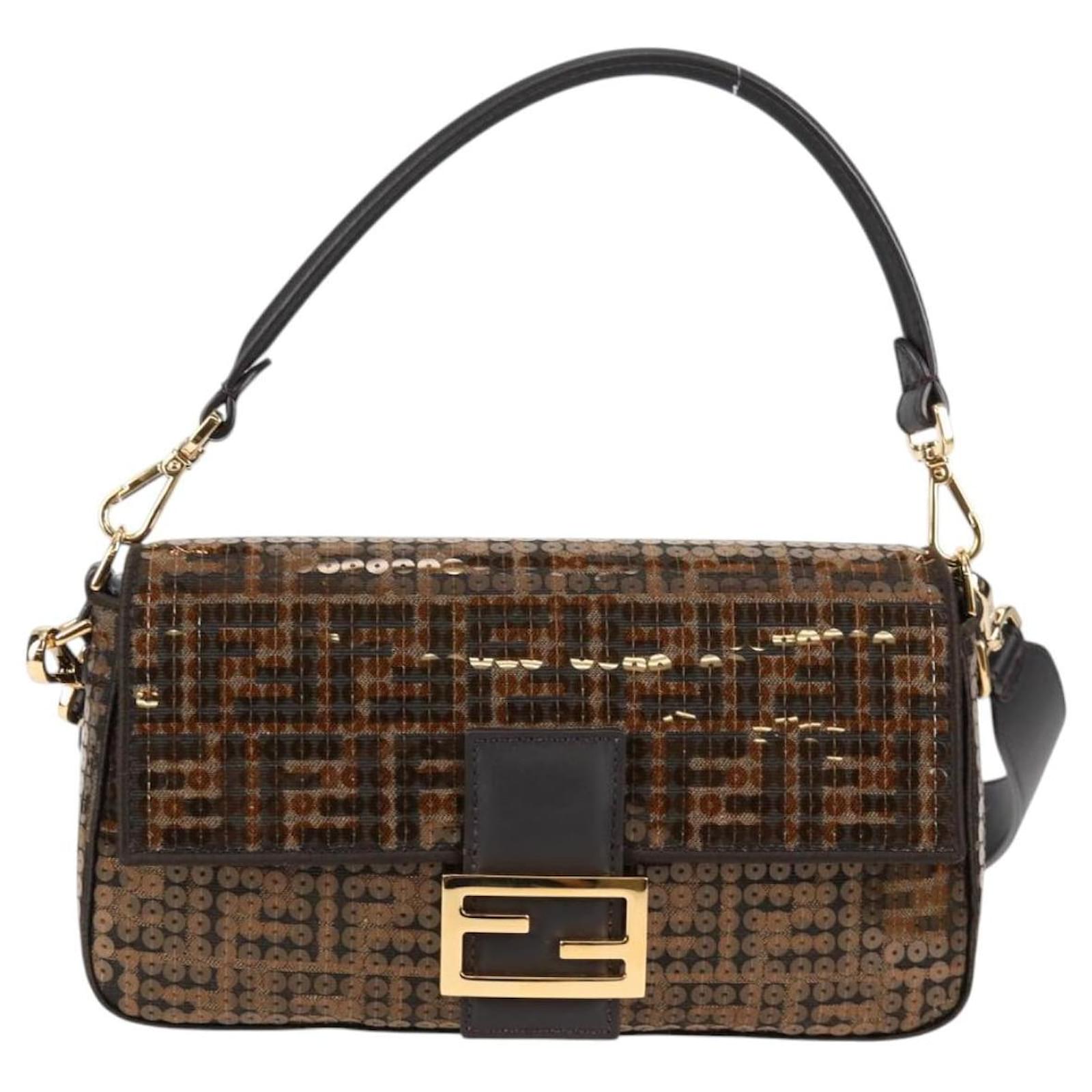 FENDI Zucca Canvas Mamma Baguette Bag Sequin 2way Brown Gold Auth