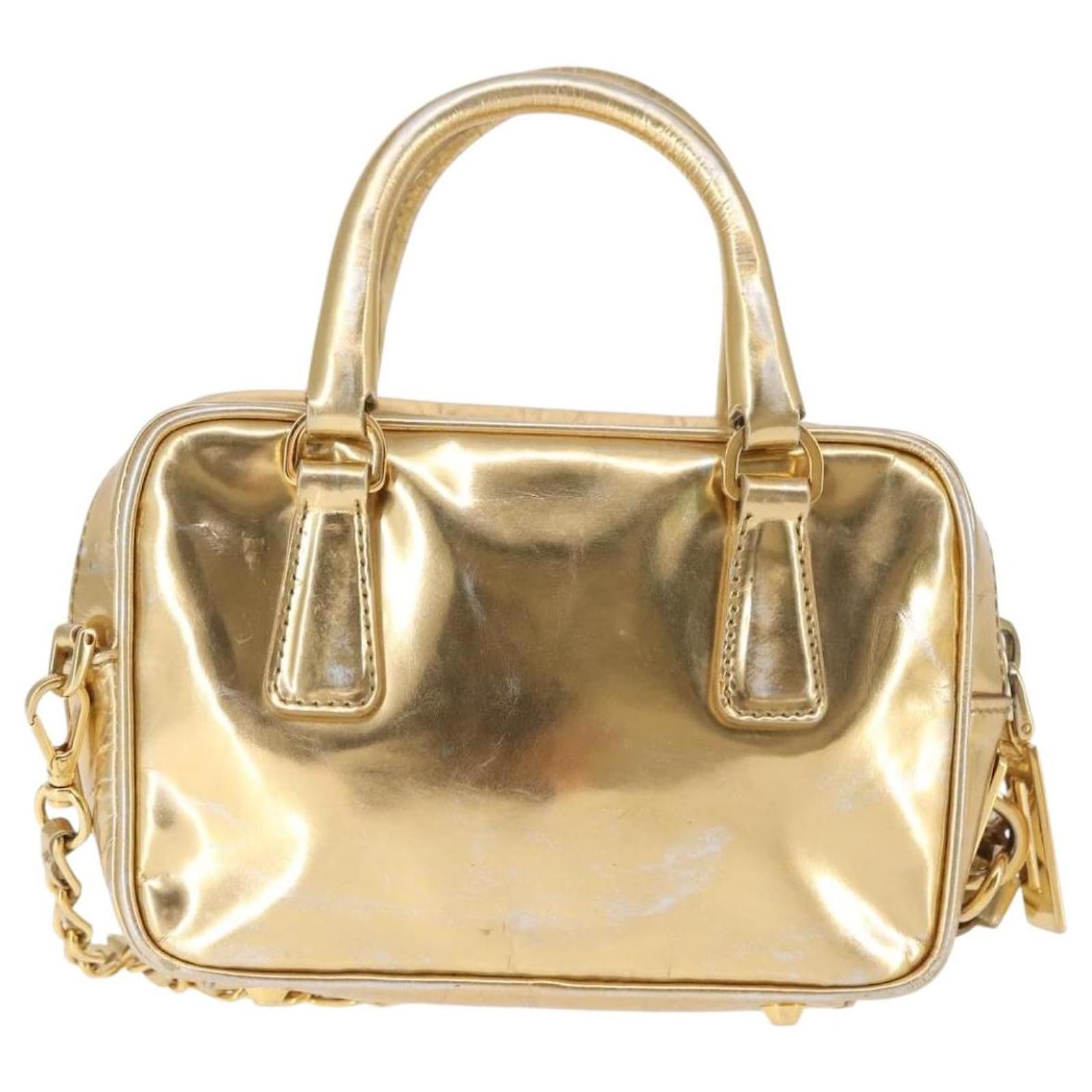 PRADA Hand Bag Leather 2way Gold Auth 142998 Golden ref.2537293