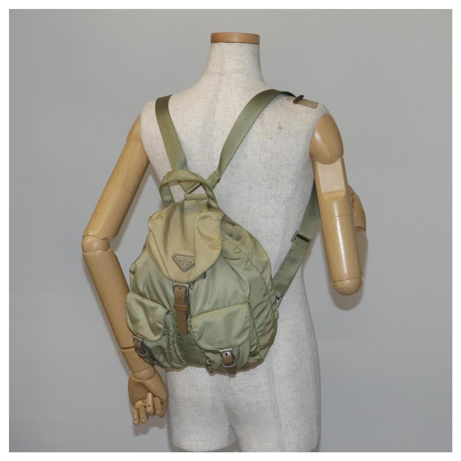 PRADA Backpack Nylon Beige Silver Auth 141598 Silvery ref  display picture 2