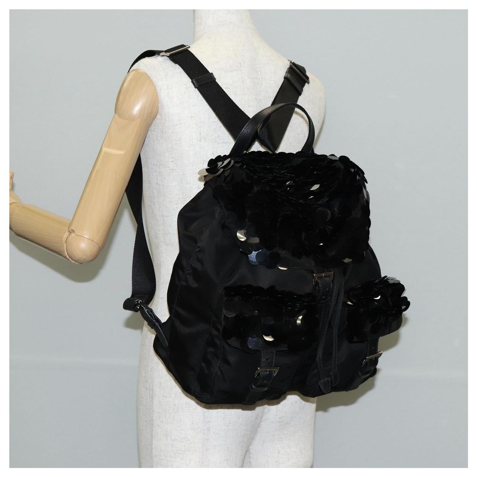 PRADA Sequin Backpack Nylon Black Silver Auth 141151M  display picture 1
