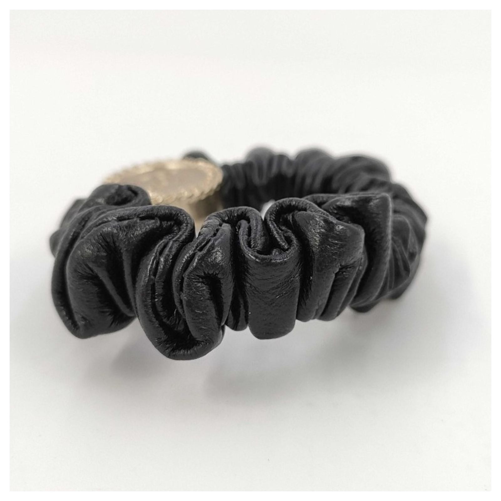 CHANEL Scrunchie Hair Accessory with Coco Mark, Gold and Black Leather, Women\'s Buy Chanel Black Leather & Chain CC Scrunchie  main image 4