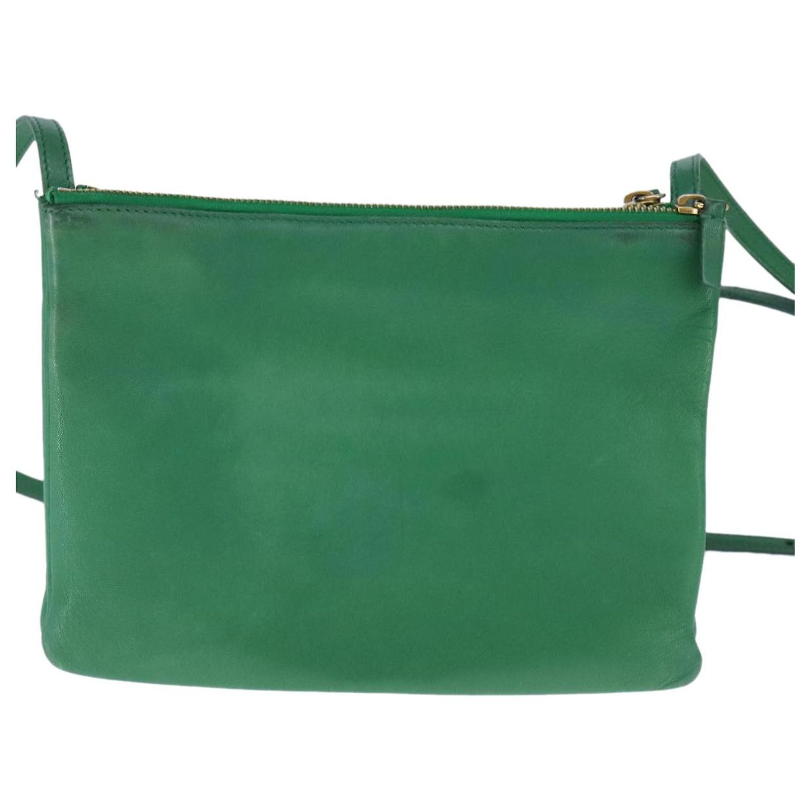 Sac Bandoulière Céline Trio - Cuir Vert Foncé - Quincaillerie Dorée - Fabriqué En Italie - Occasion Très Bon état