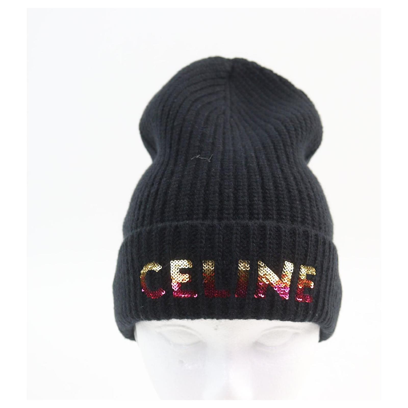 Céline Celine Knit cap Embroidered Sequin Beanie Black Cotton ref