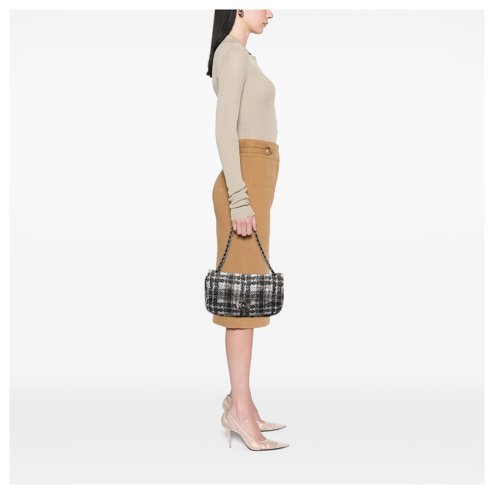 Chanel Gray CC Tweed Print Nylon Single Flap Cloth ref.JC2561755